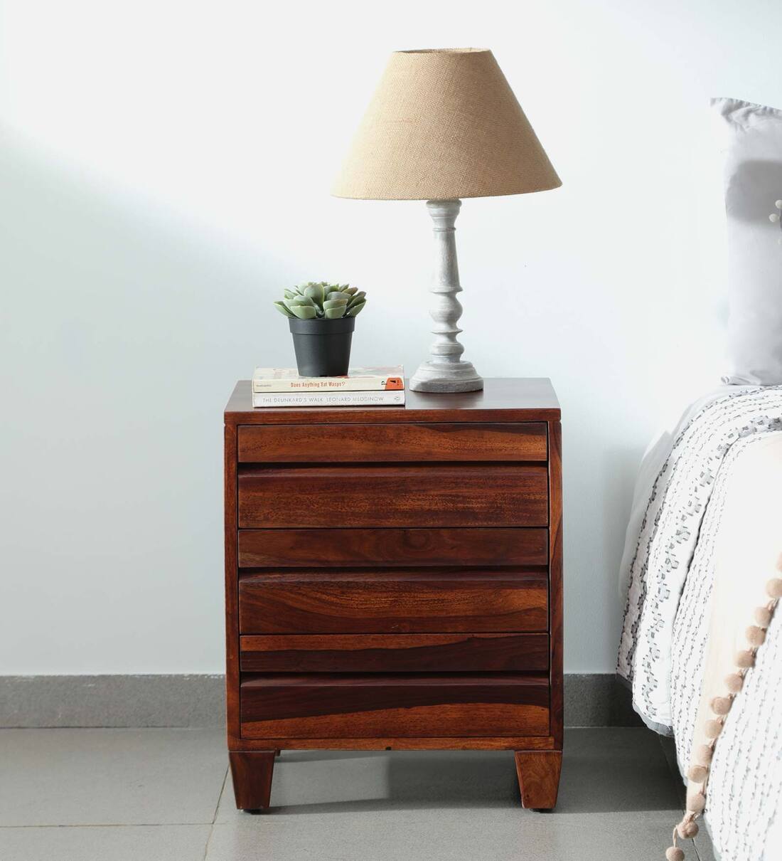 Buy Rezzan Sheesham Wood Bedside Table In Scratch Resistant Honey Oak Finish With Drawers At