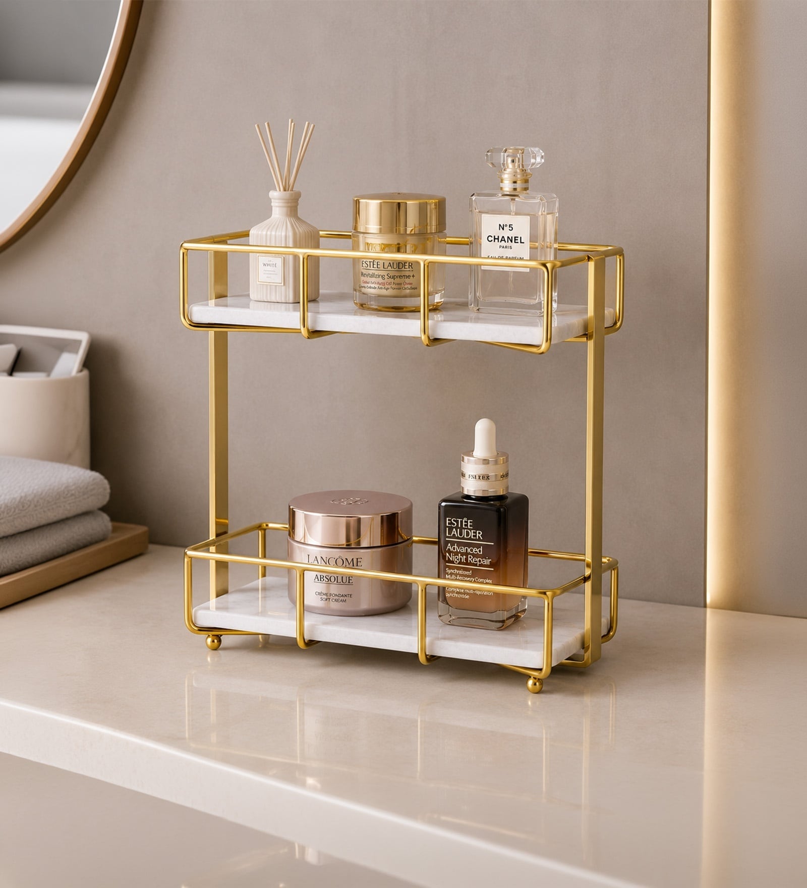 Gold Rectangle 2 Tier Marble Stand