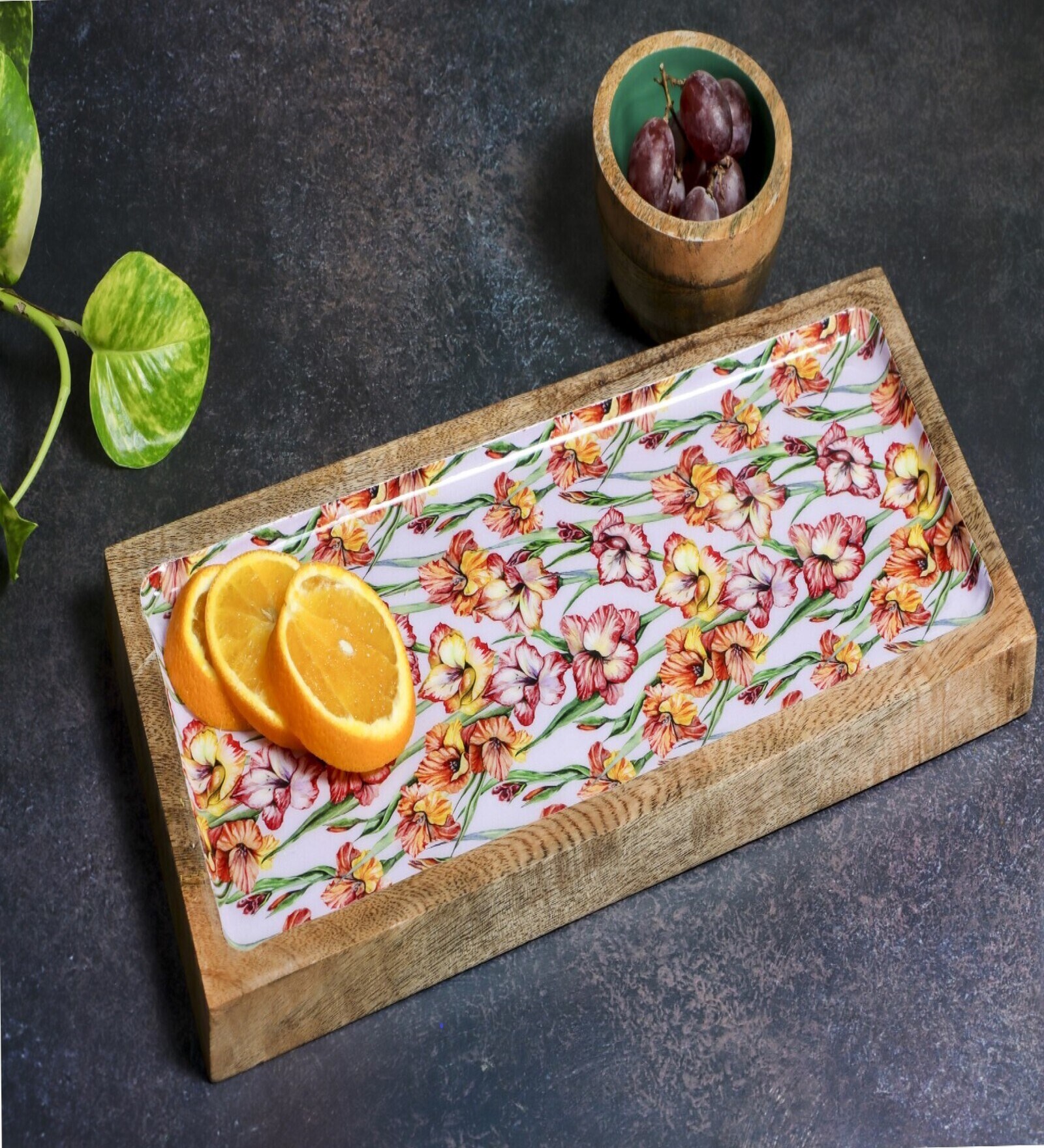 Purple Mango Wood Gladiolus harmony  Platter With Acacia Dip Bowl