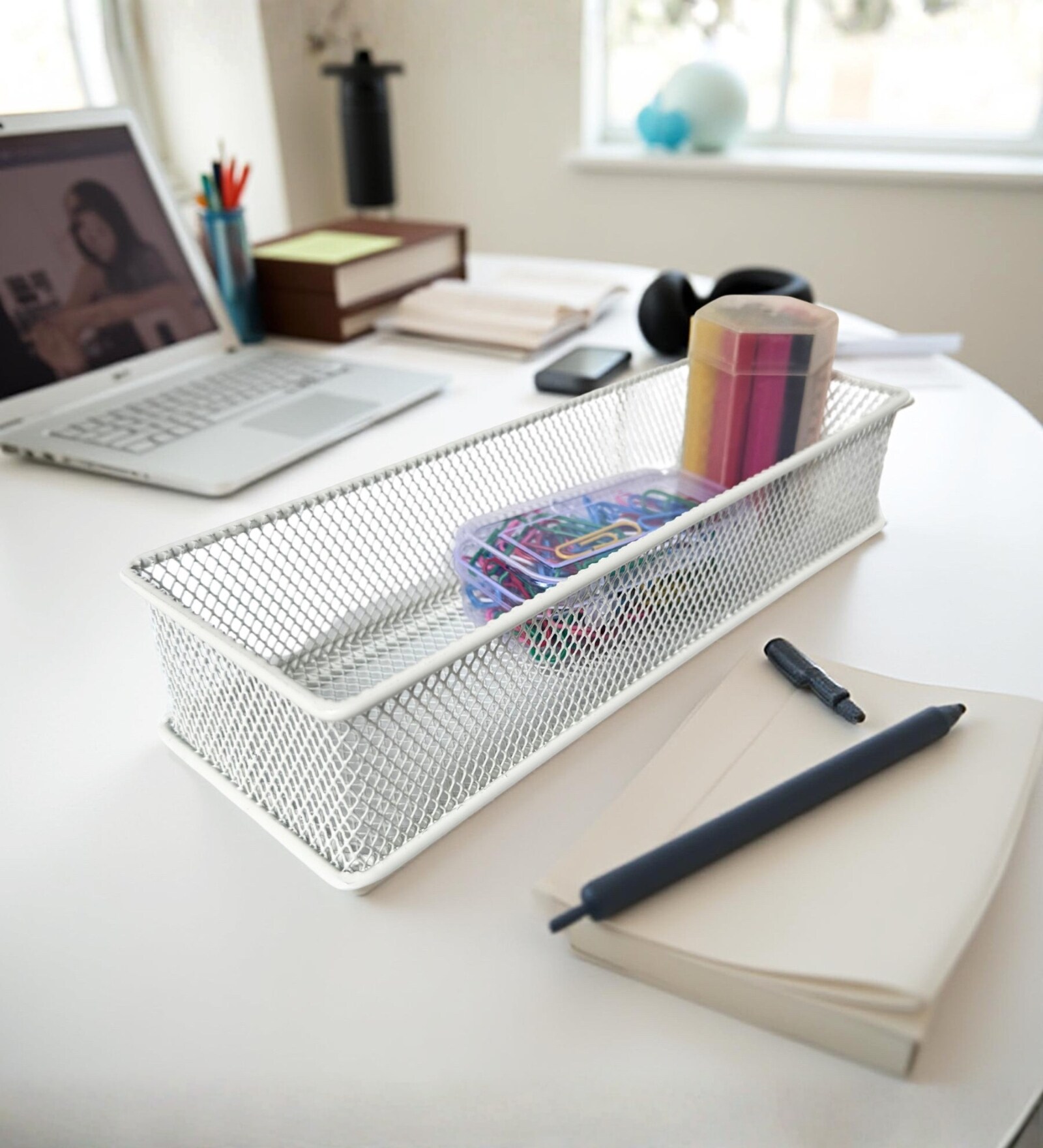 Rectangular Ecru White Metal Mesh Desk Organizer Tray