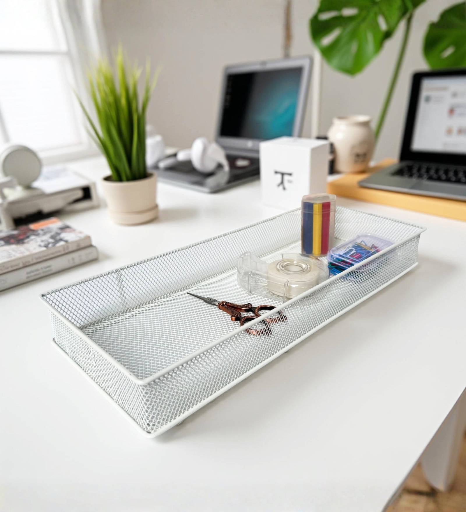 Rectangular Ecru White Stackable Metal Mesh Storage Basket