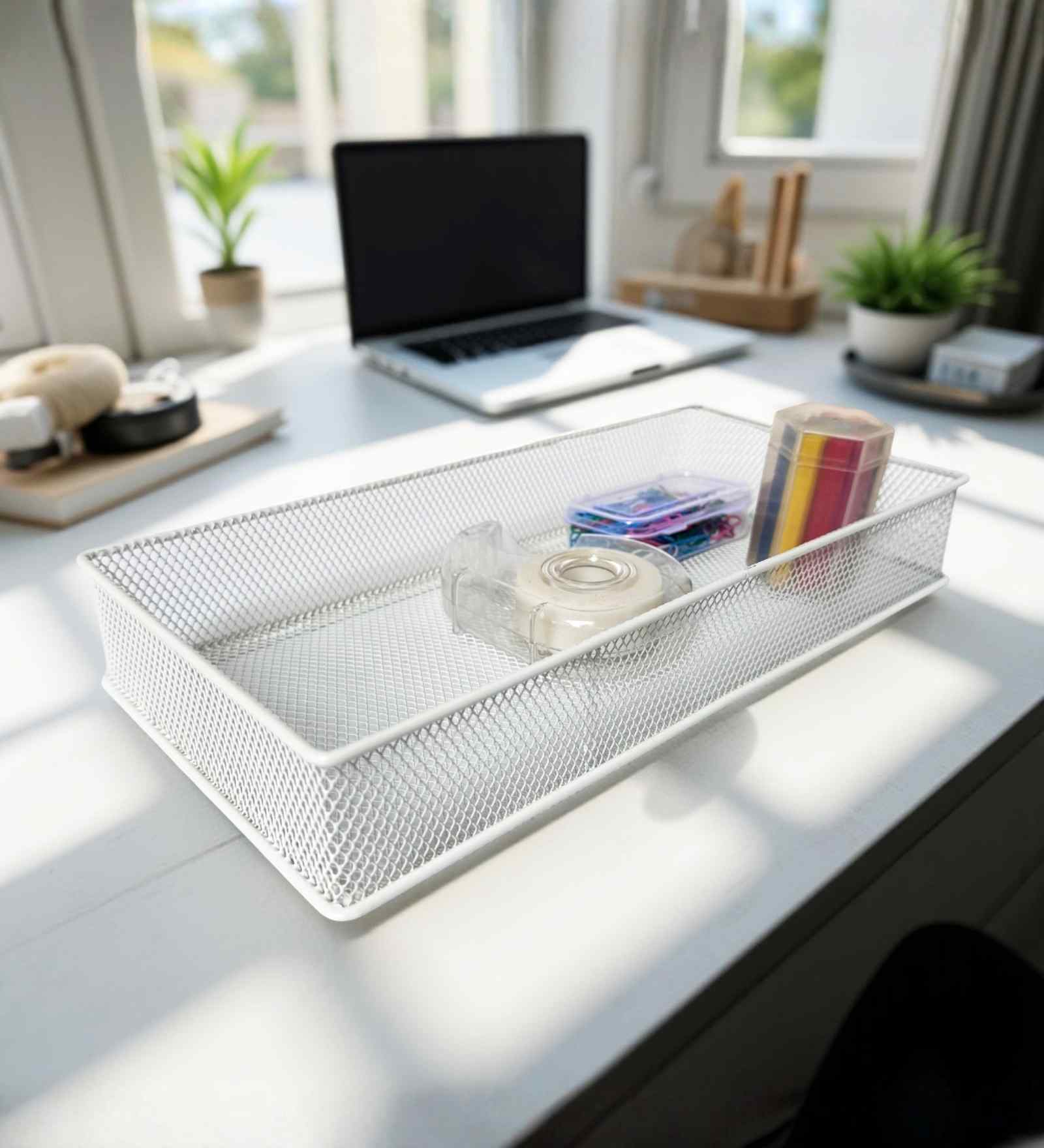 Rectangular Ecru White Stackable Metal Mesh Storage Basket