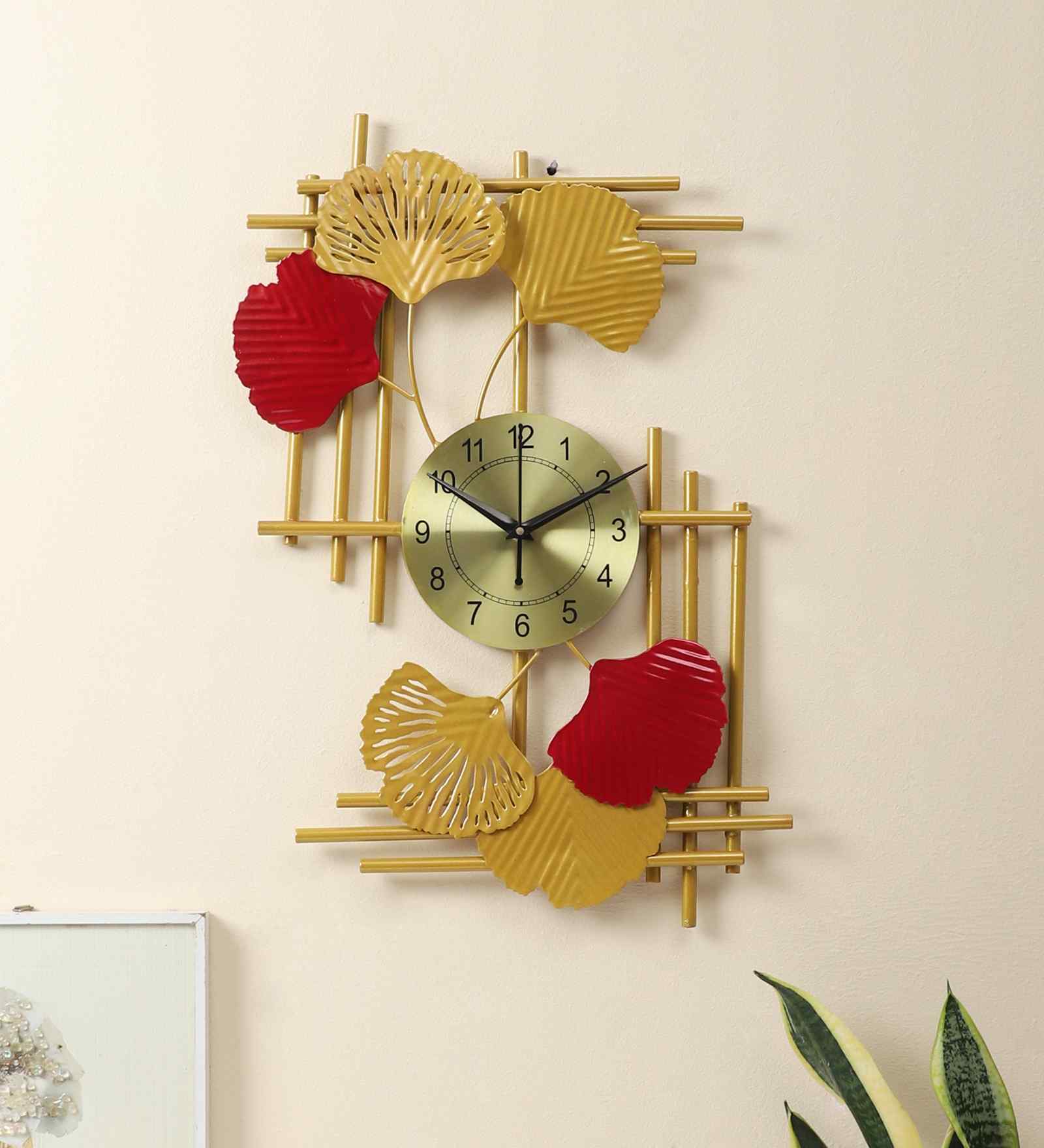 Rectangular Gold & Red Leaves Wall Clock