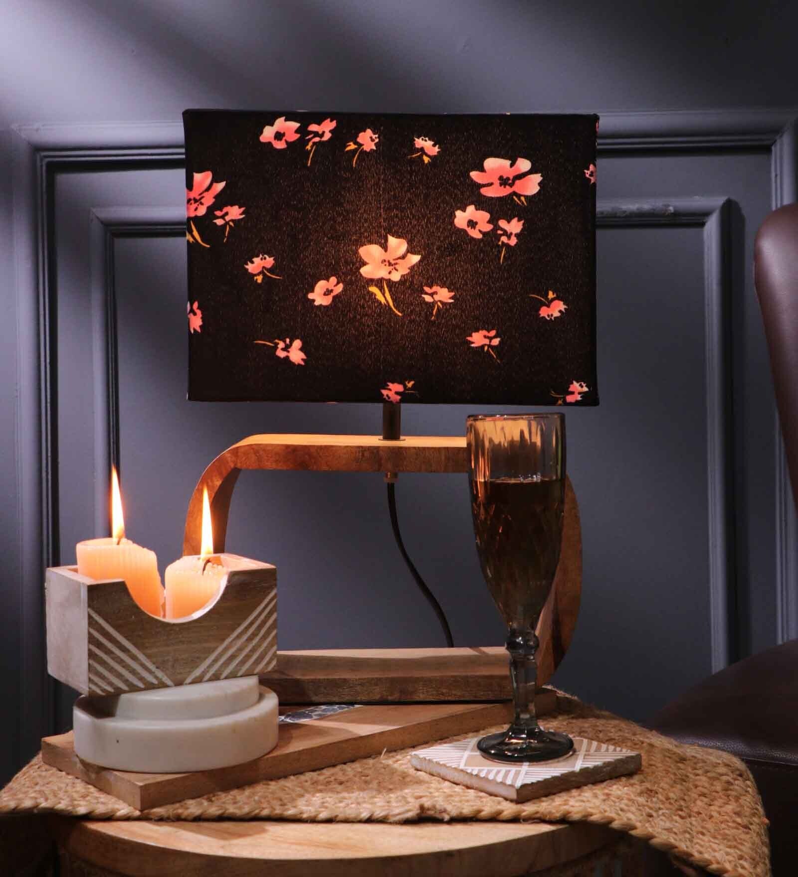 Rectangular E27 Holder Wooden Base Table Lamp (Brown Base) with Fabric Shade (Black & Beige & Red)
