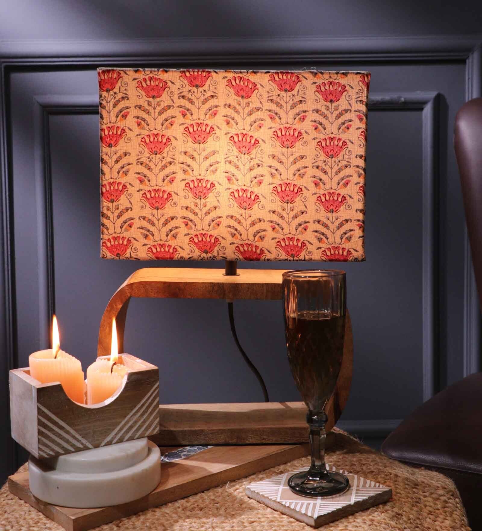 Rectangular E27 Holder Wooden Base Table Lamp (Brown Base) with Fabric Shade (Beige & Red)