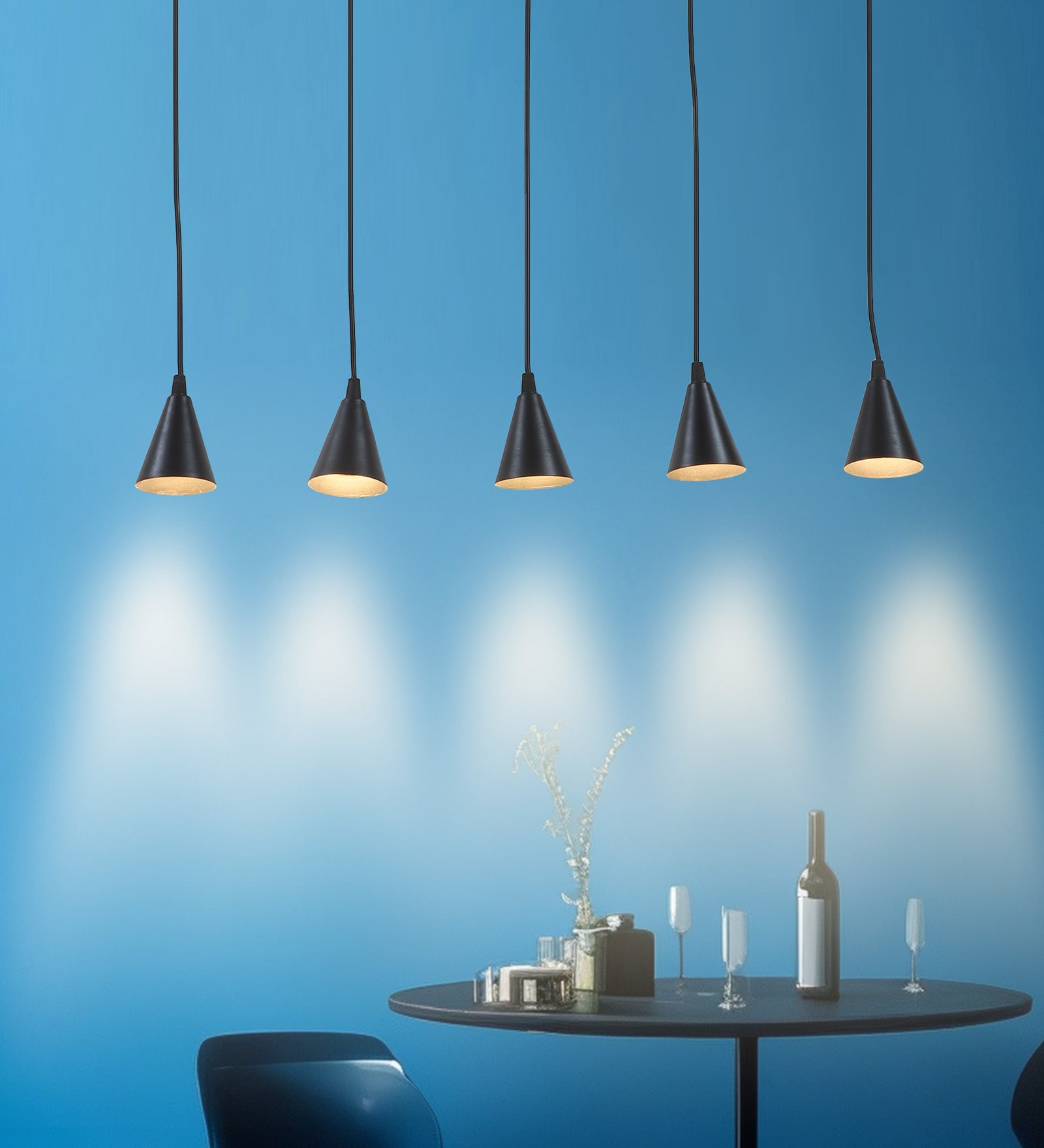 Rectangular LED 15 watt & 3 Watt Aluminium Black Finish 5 light Cluster Hanging Light (Warm White Light)