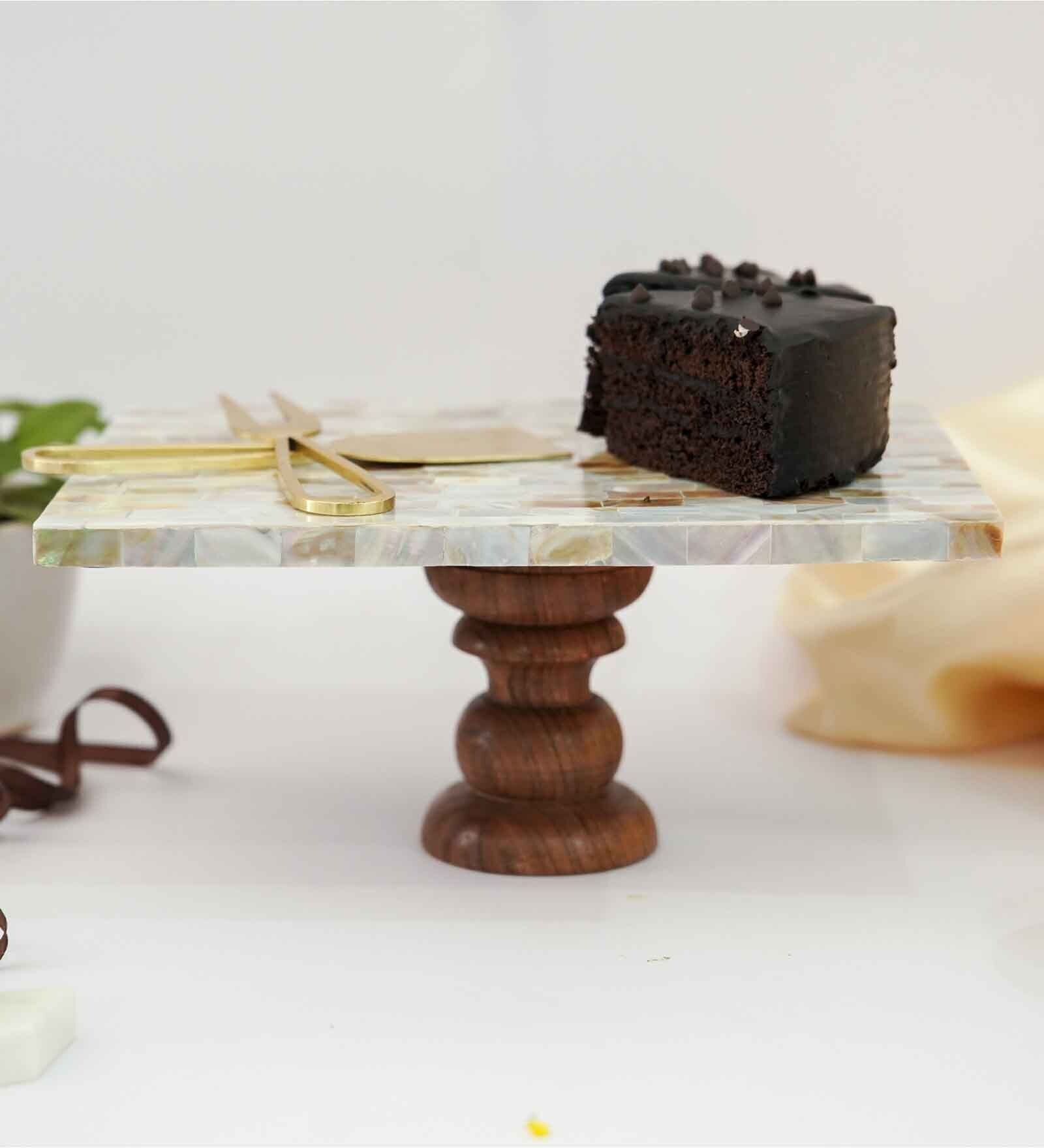 Rectangular Mother of Pearl Cake Stand with Wood Stand for Weddings, Birthdays   10 x 8-Inch