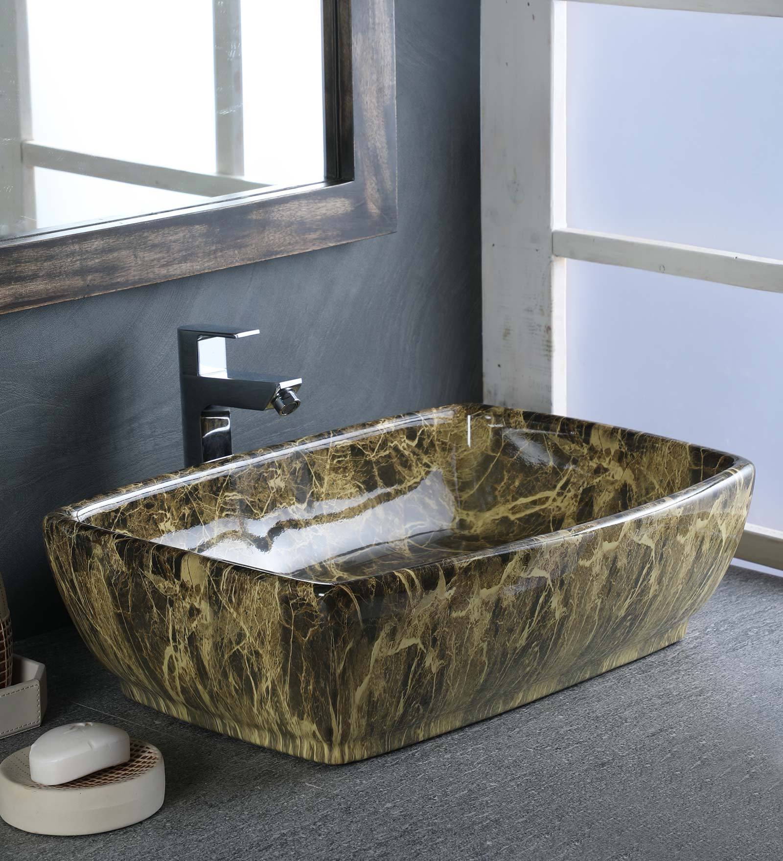 Rectangular Shape Ceramic Multicolour Counter Top Wash Basin(L: 18.5, W: 14, H: 5 Inches)