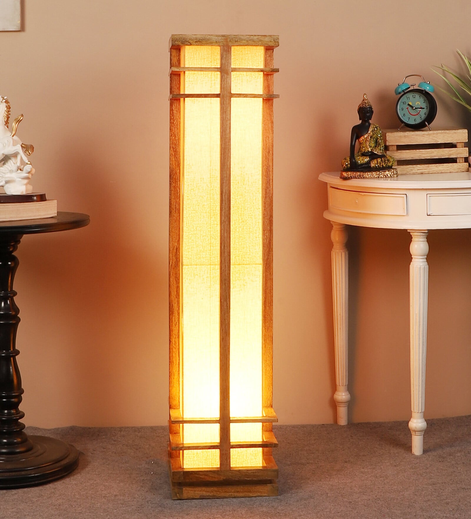 Gold Cotton Shade Column Floor Lamp With Mango wood Base