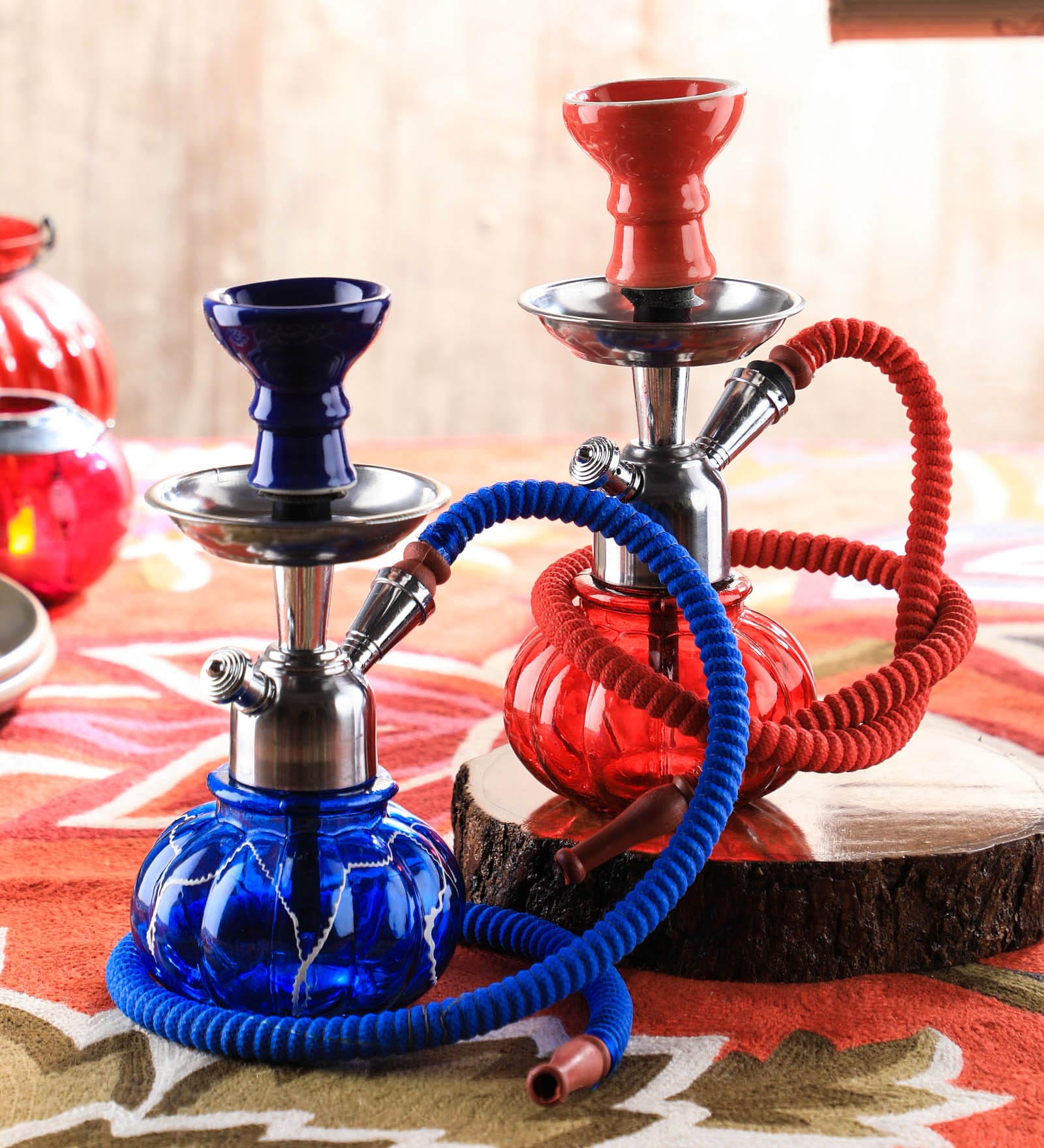 Red  & Blue 24 cm Metal Table Hookah set of 2