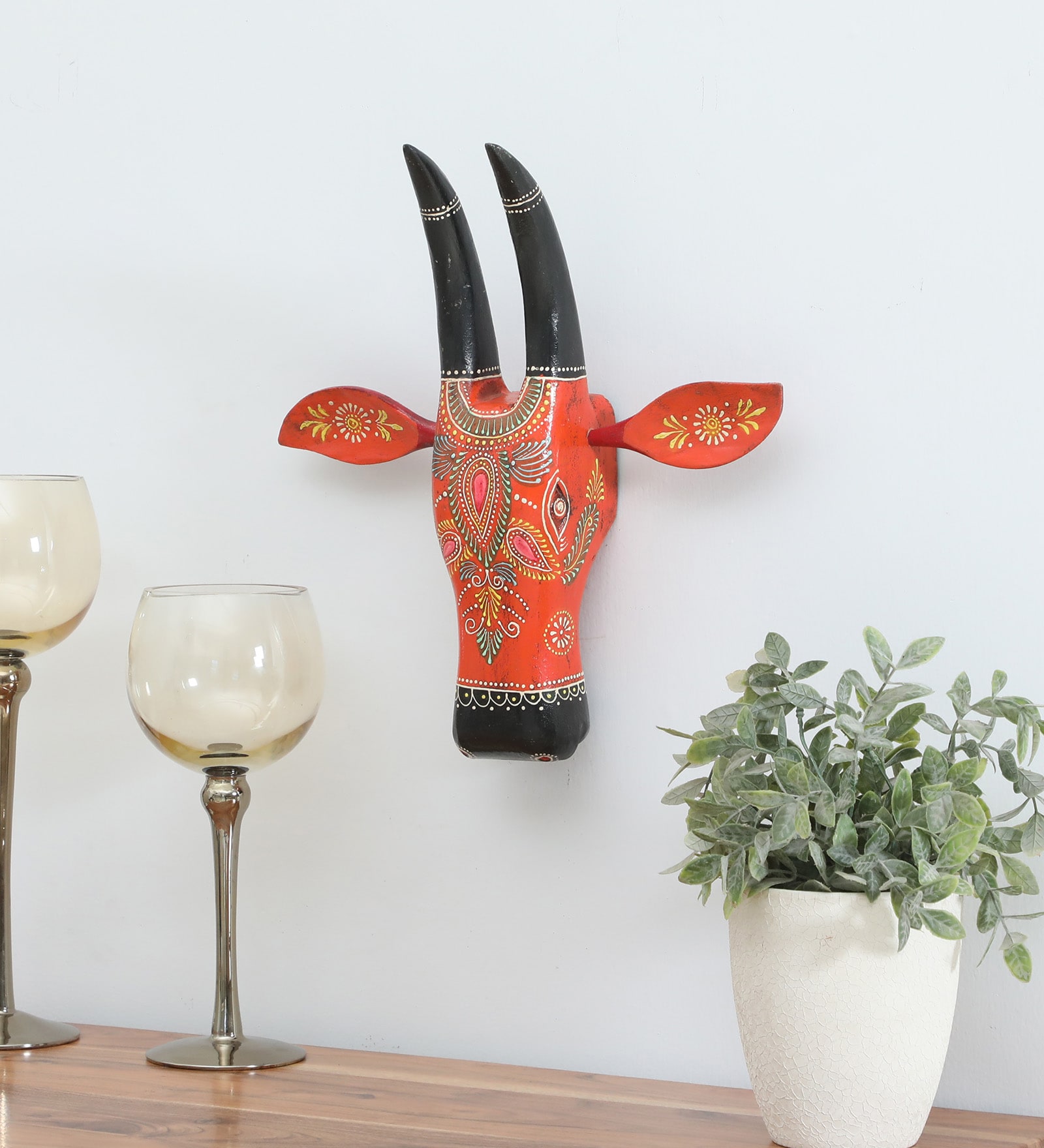 Red & Black Handcrafted Cow Sclupture Mango Wood Wall Mask