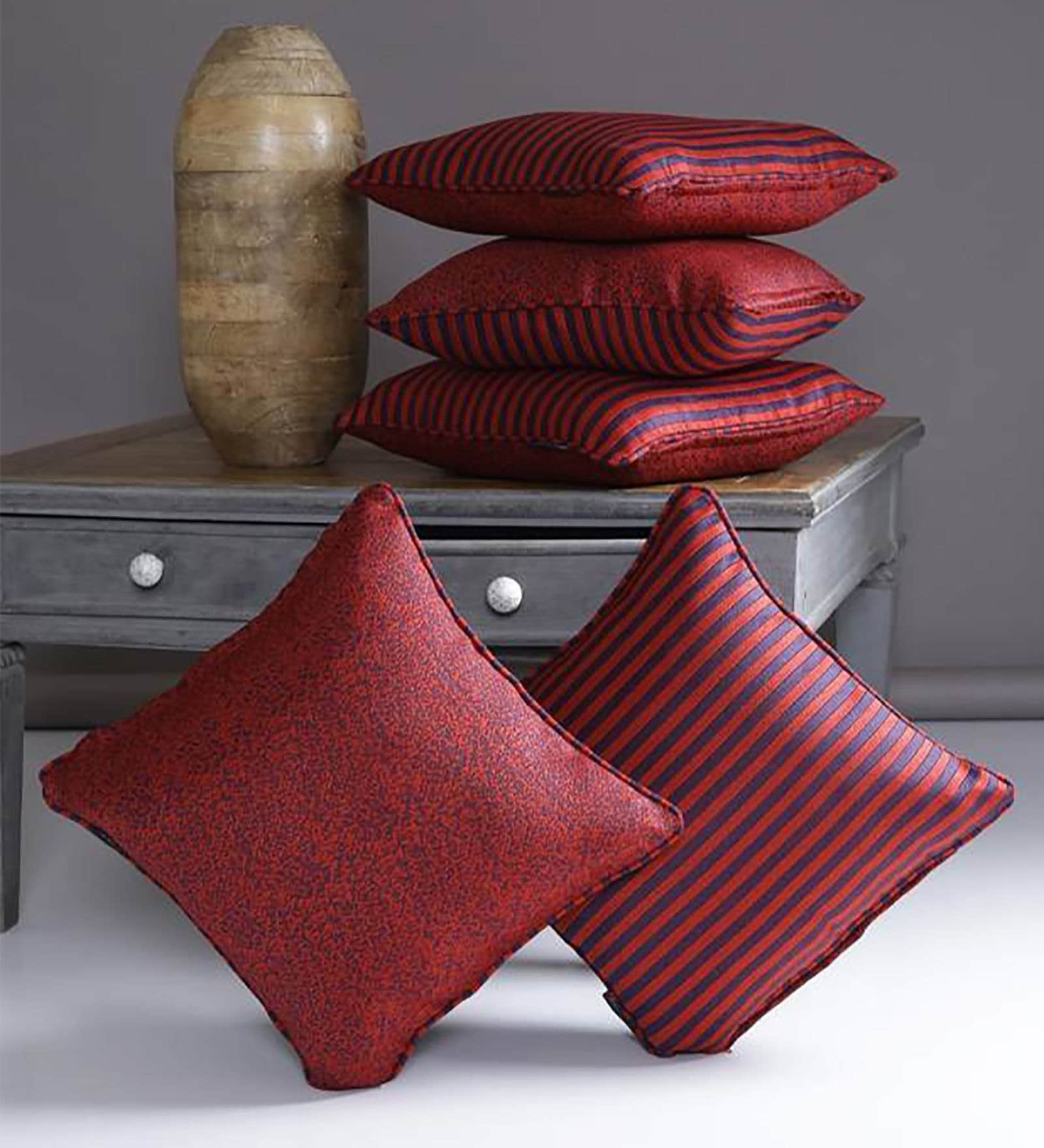 Maroon Polyester Striped 16x16 inches Cushion Cover (5Pc)