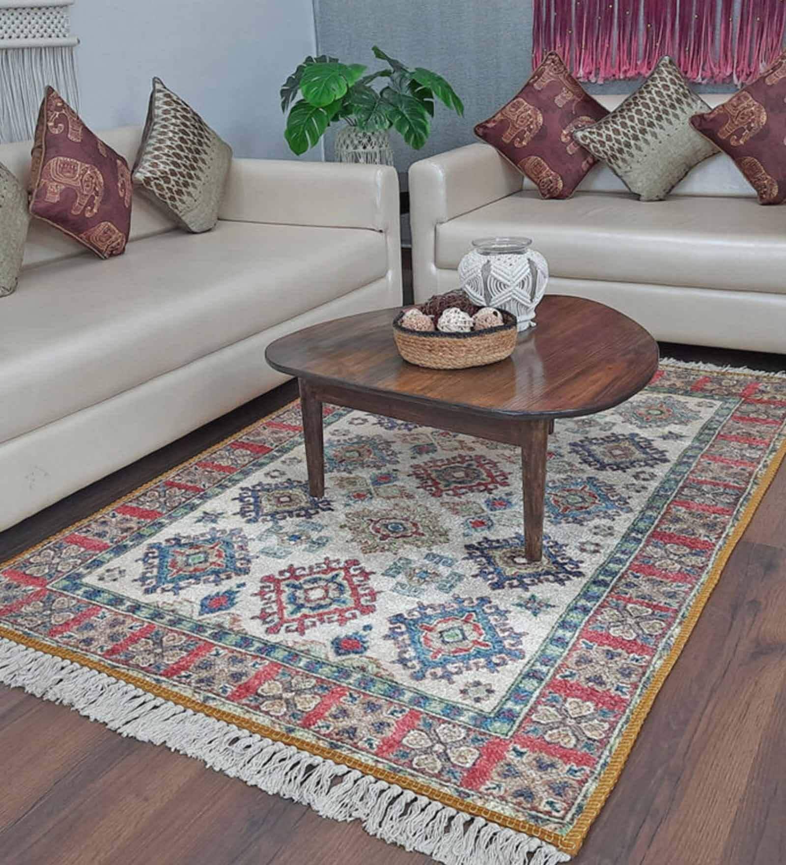 Red & Cream Faux Silk Abstract 5 x 7 Feet Hand Woven Carpet -Avioni Collection