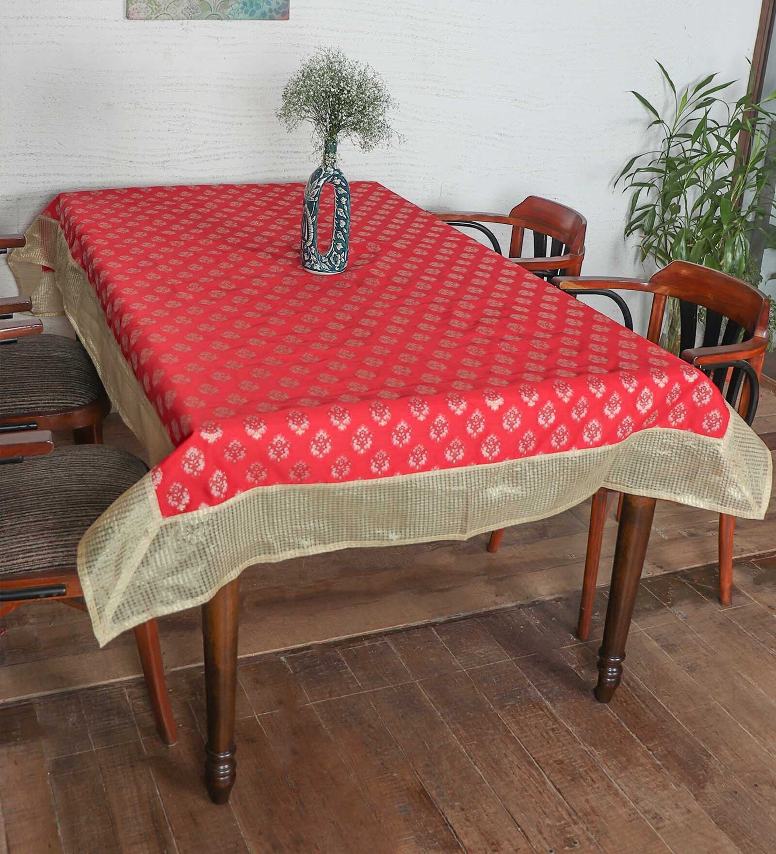 Buy Red & Gold Floral Silk (52 x 84 ) Table Cloth at 100 OFF by Zeba