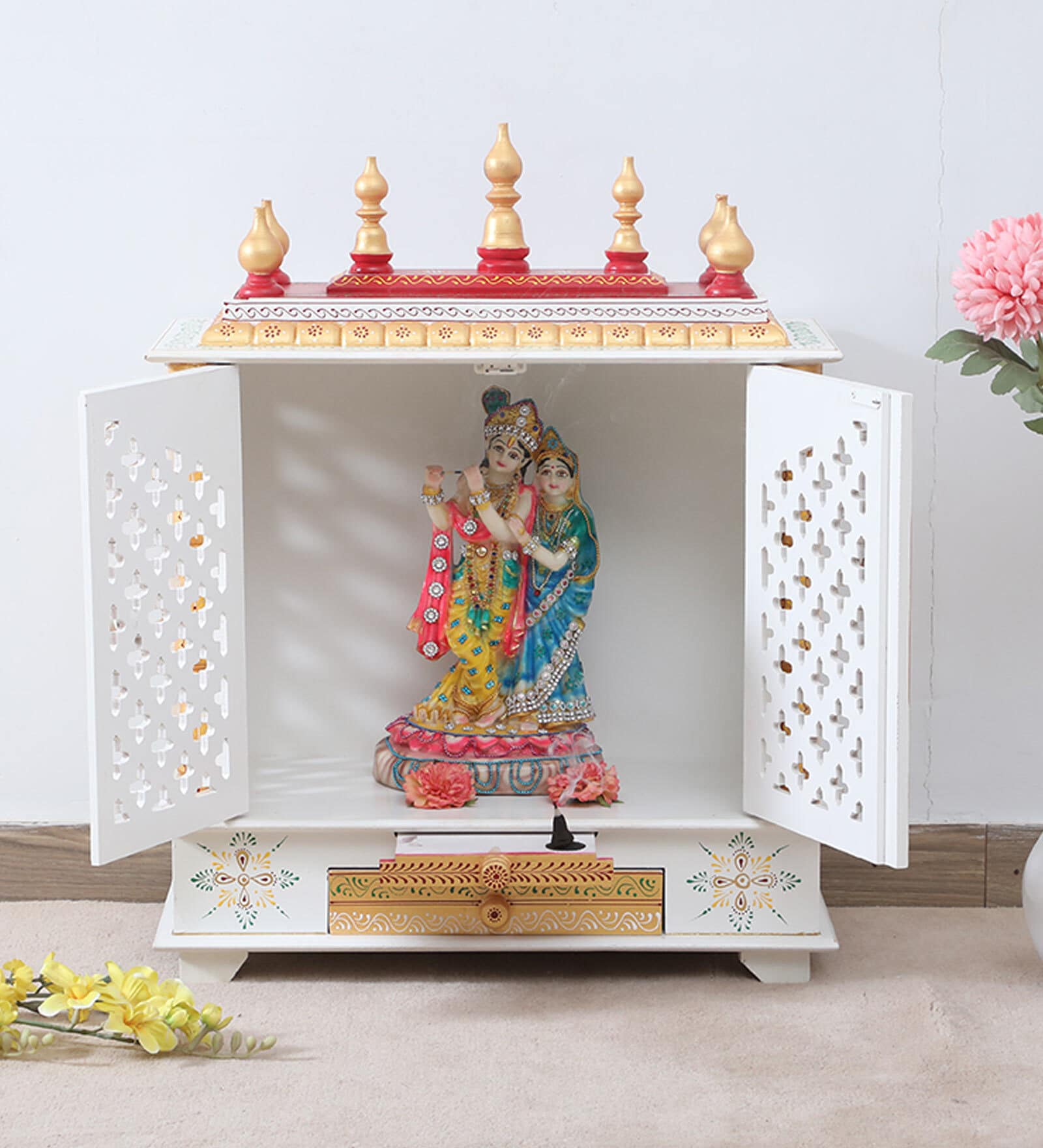 White Mango Wood & MDF Floor Rested Mandir With Door