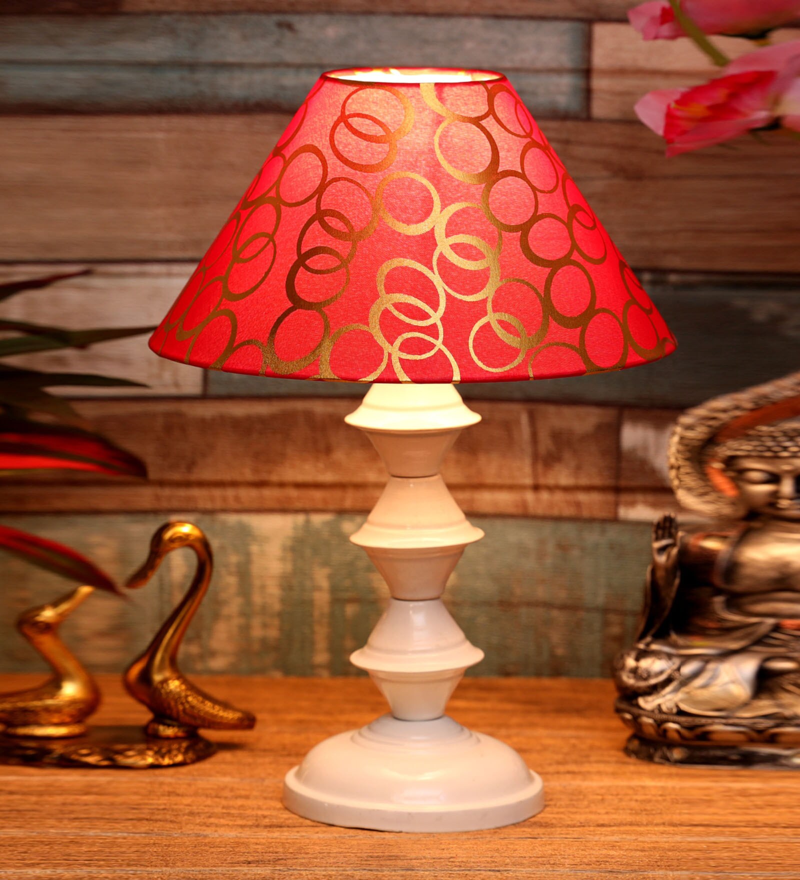Red & Gold Shade Table Lamp With Metal Base