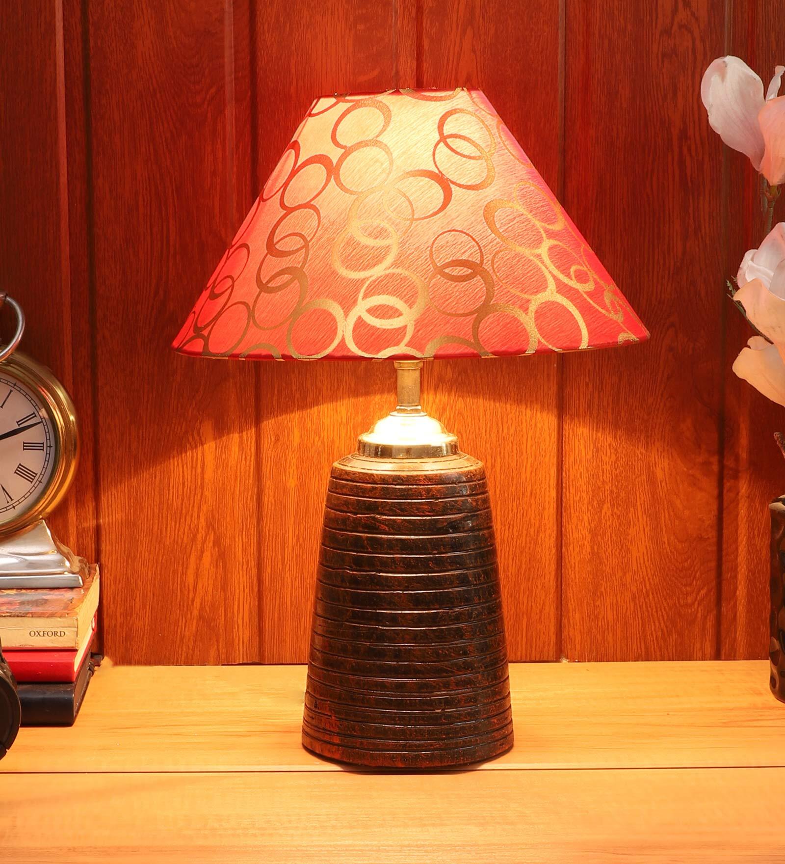 Red & Gold Shade Table Lamp With Brown Base