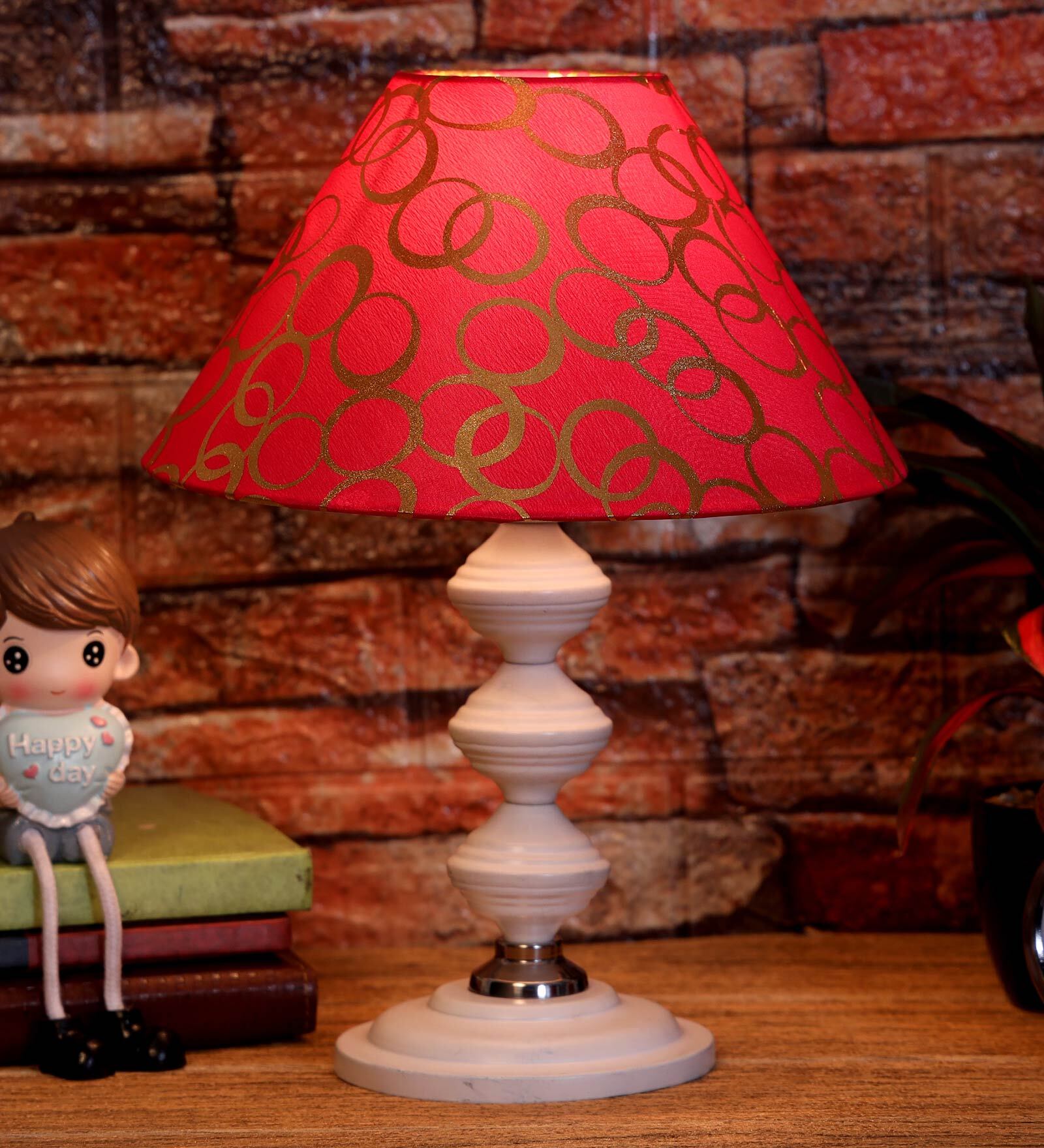 Red & Gold Shade Table Lamp With Metal Base