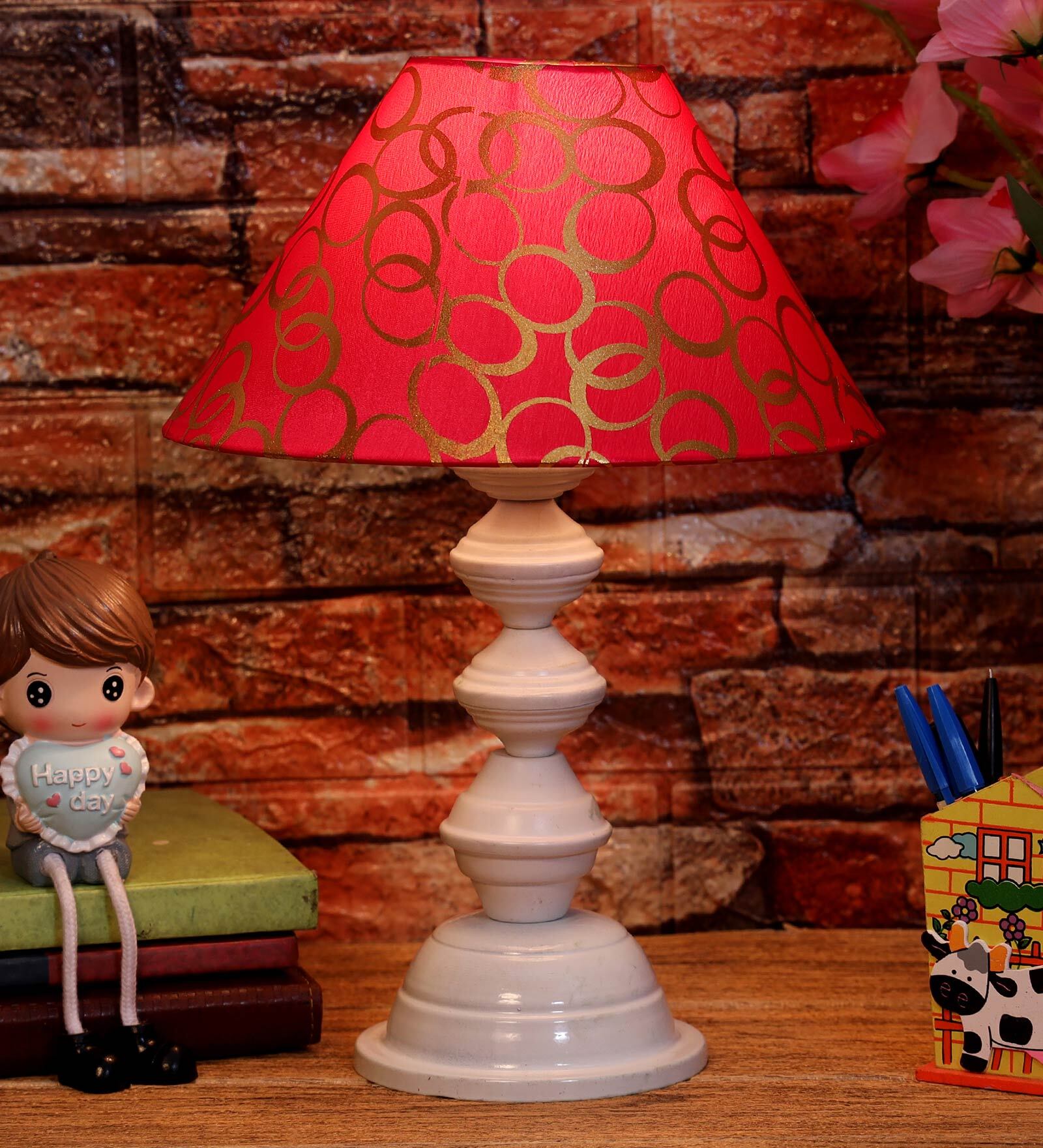 Red & Gold Shade Table Lamp With Metal Base