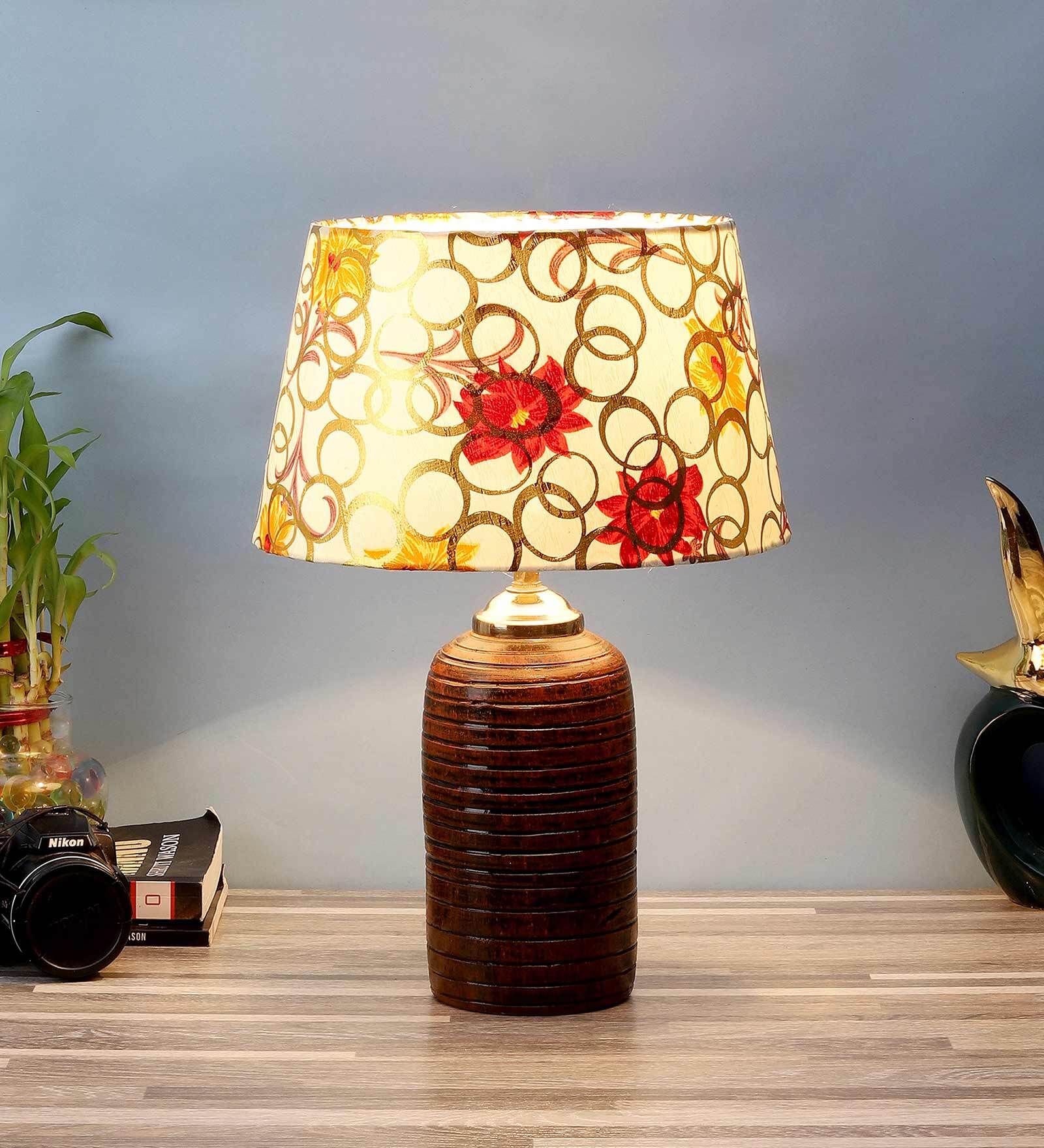 Red & Golden Fabric Shade Table Lamp With Brown Base