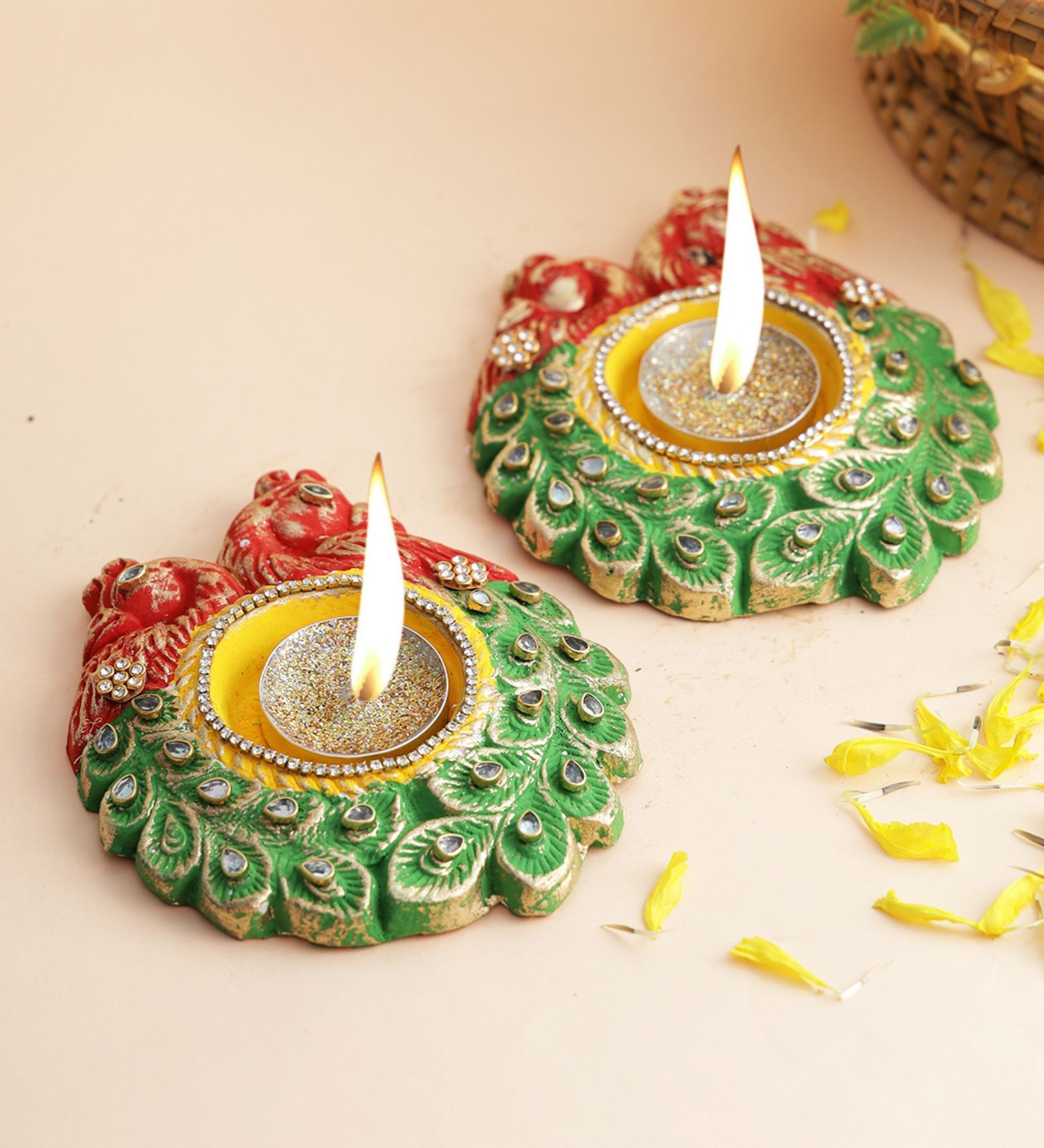 Red & Green Terracotta (Set of 2) Diya & Tealight