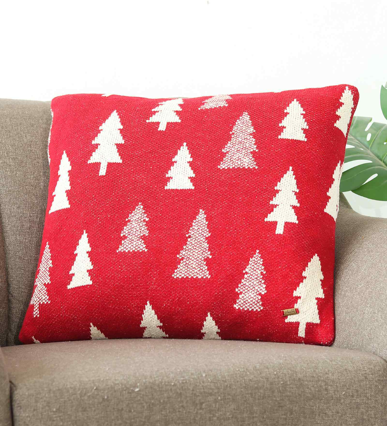 Red & Natural 100% Cotton X-Mas Tree 20X20 Inches Knitted Cushion Cover