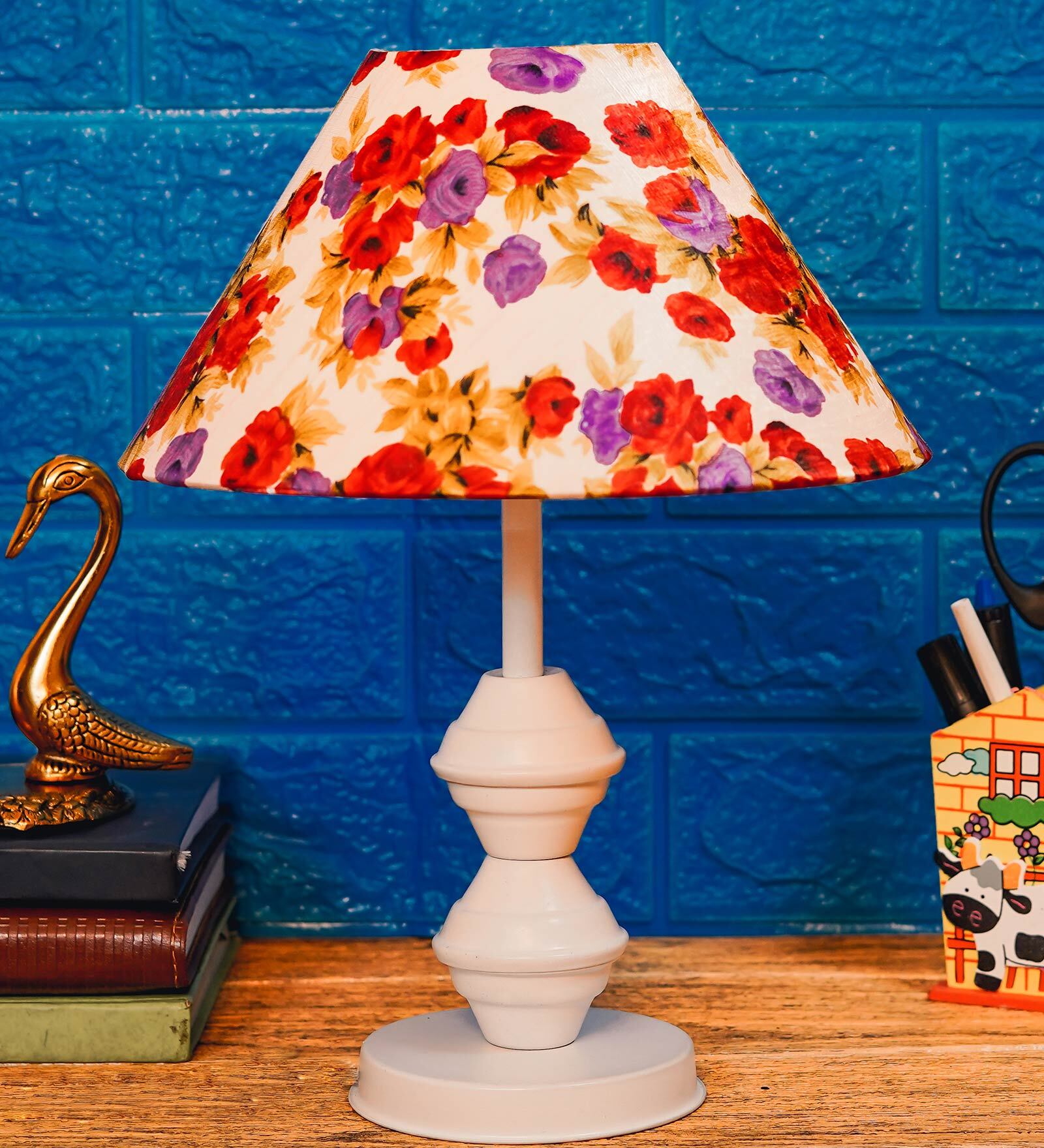 Red & Purple Shade Table Lamp With Metal Base