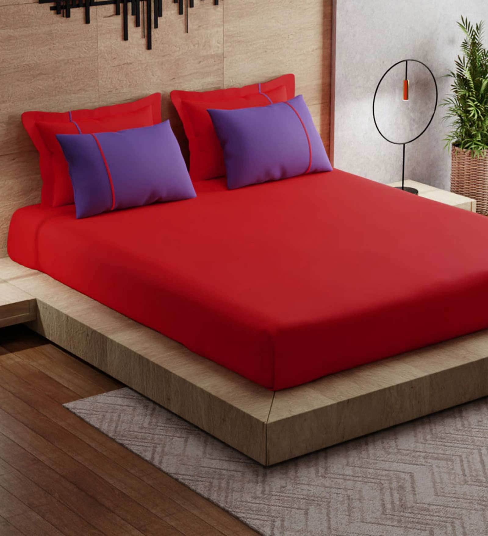 Buy Red Solid 144 TC Cotton King Sized Bed Sheets with 4 Pillow Covers