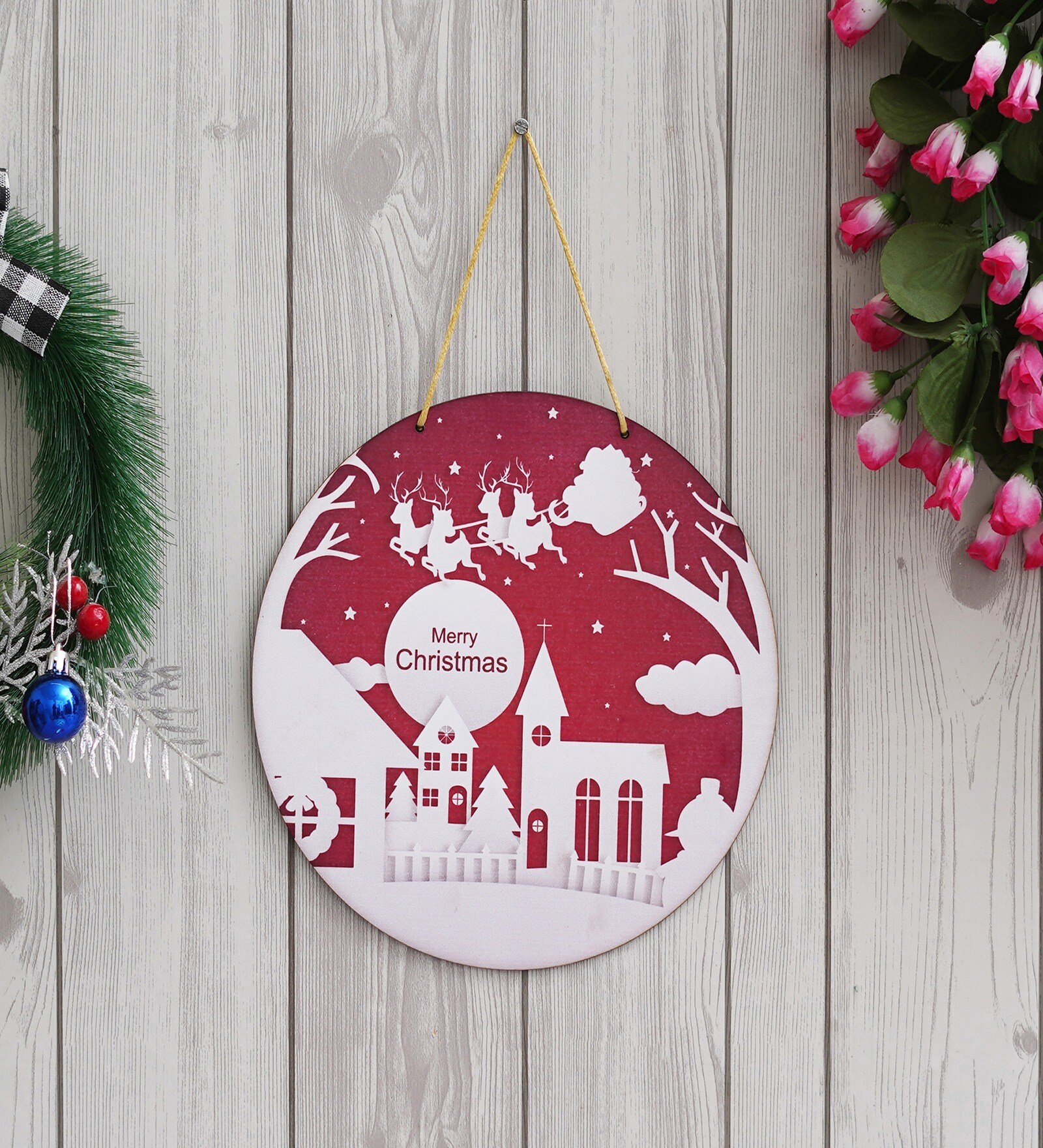 Red & White Engineered Wood Santa Claus With Sleigh And Reindeer Printed Door Wall Hanging