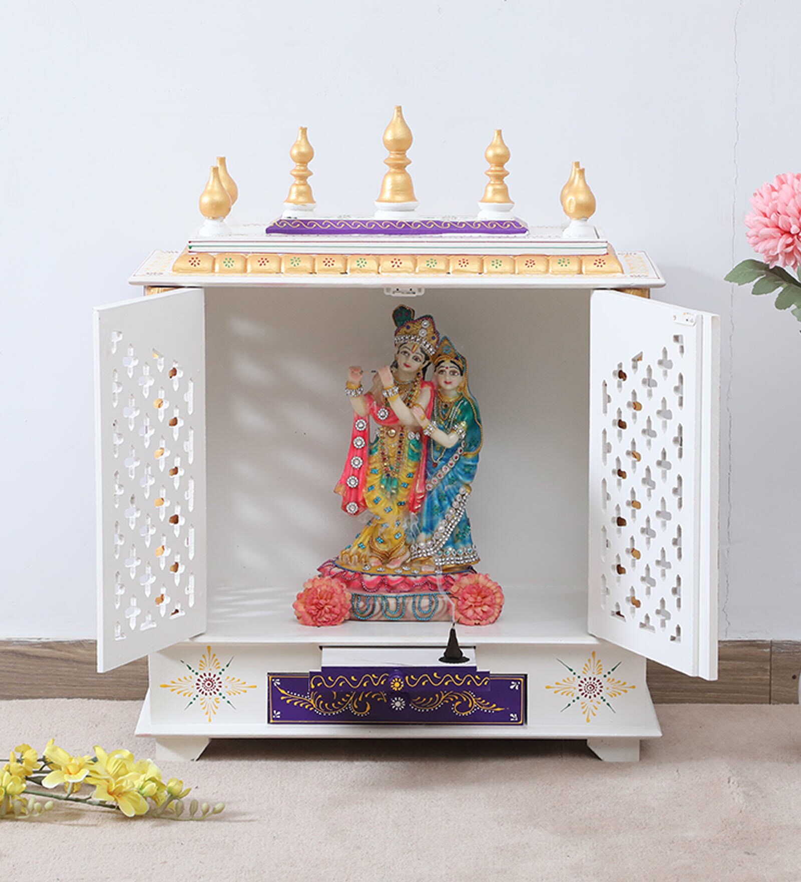 Red And White Mango Wood & MDF Floor Rested Mandir With Door