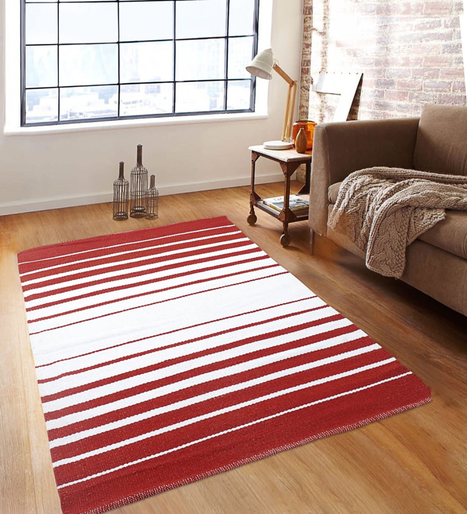 Red & White Polypropylene Striped 3 x 5 Feet Dhurrie