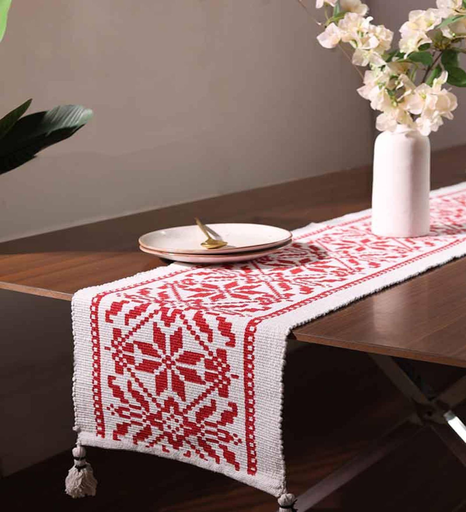 Red & White Premium Woven Table Runner with Tassels