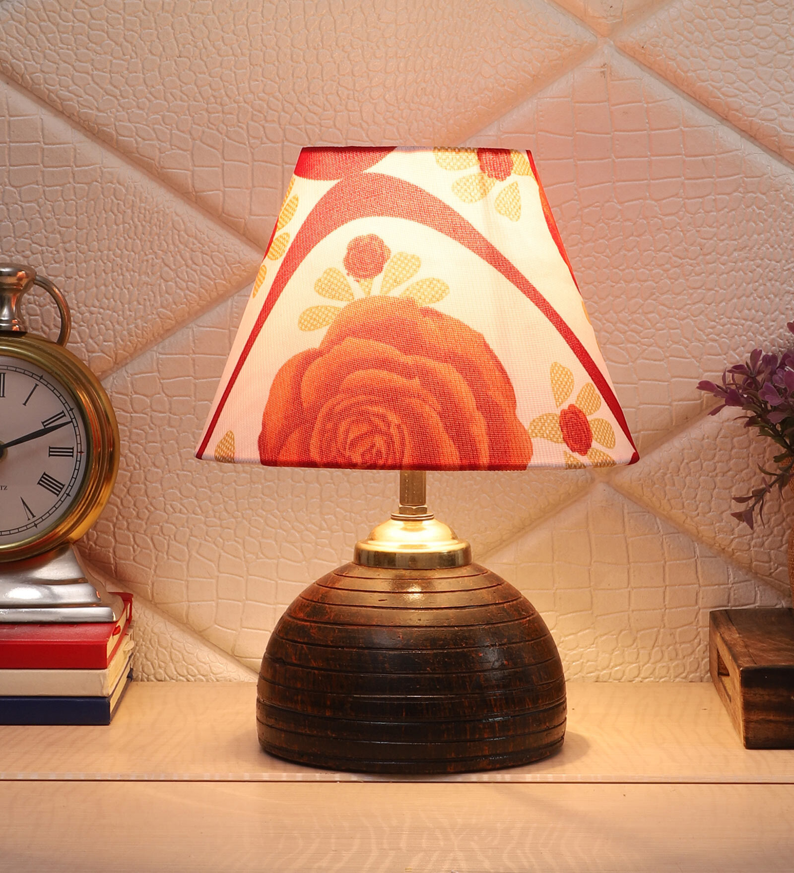 Red & White Shade table Lamp with Brown Terracotta Base