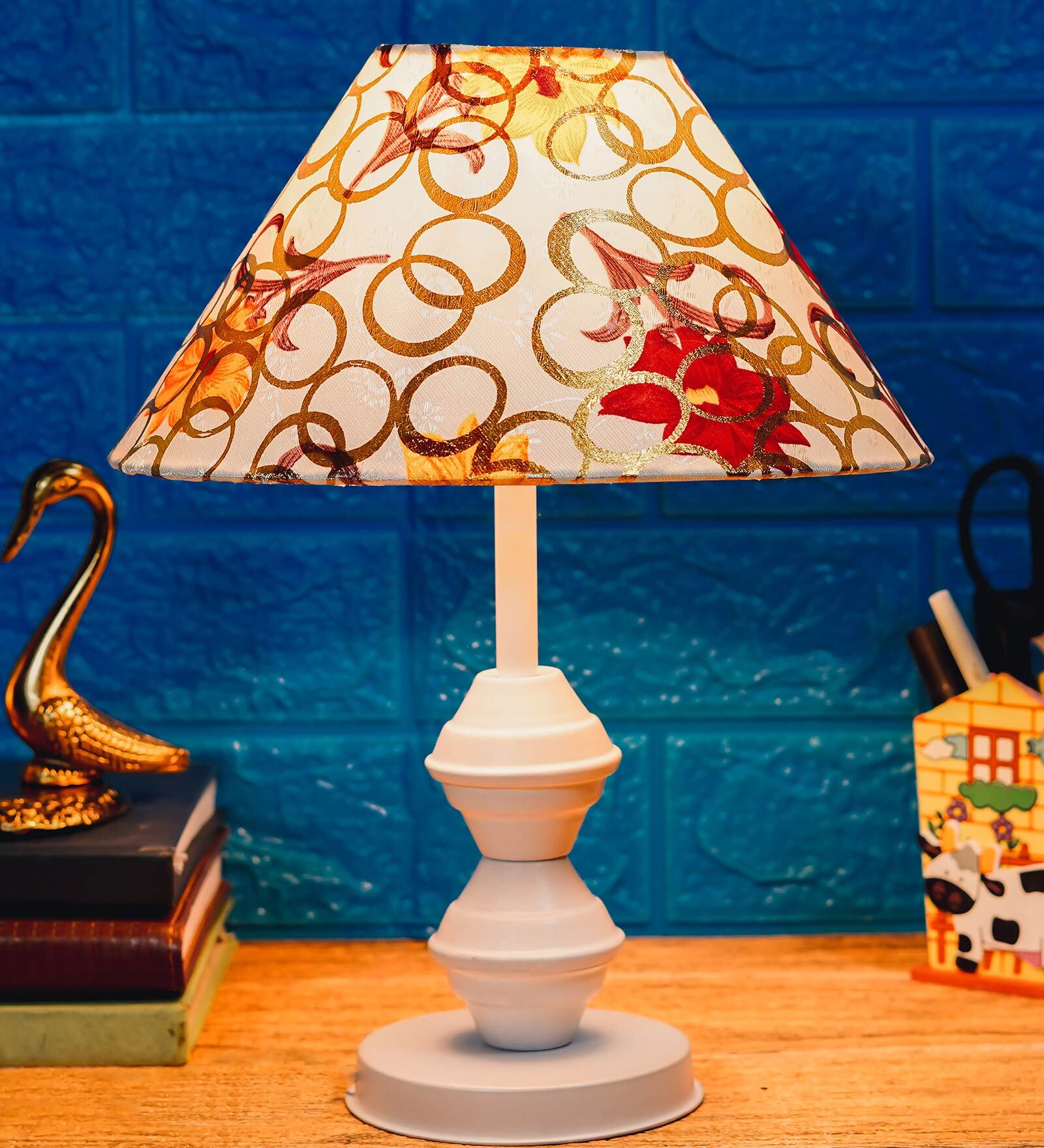Red & Yellow Shade Table Lamp With Metal Base