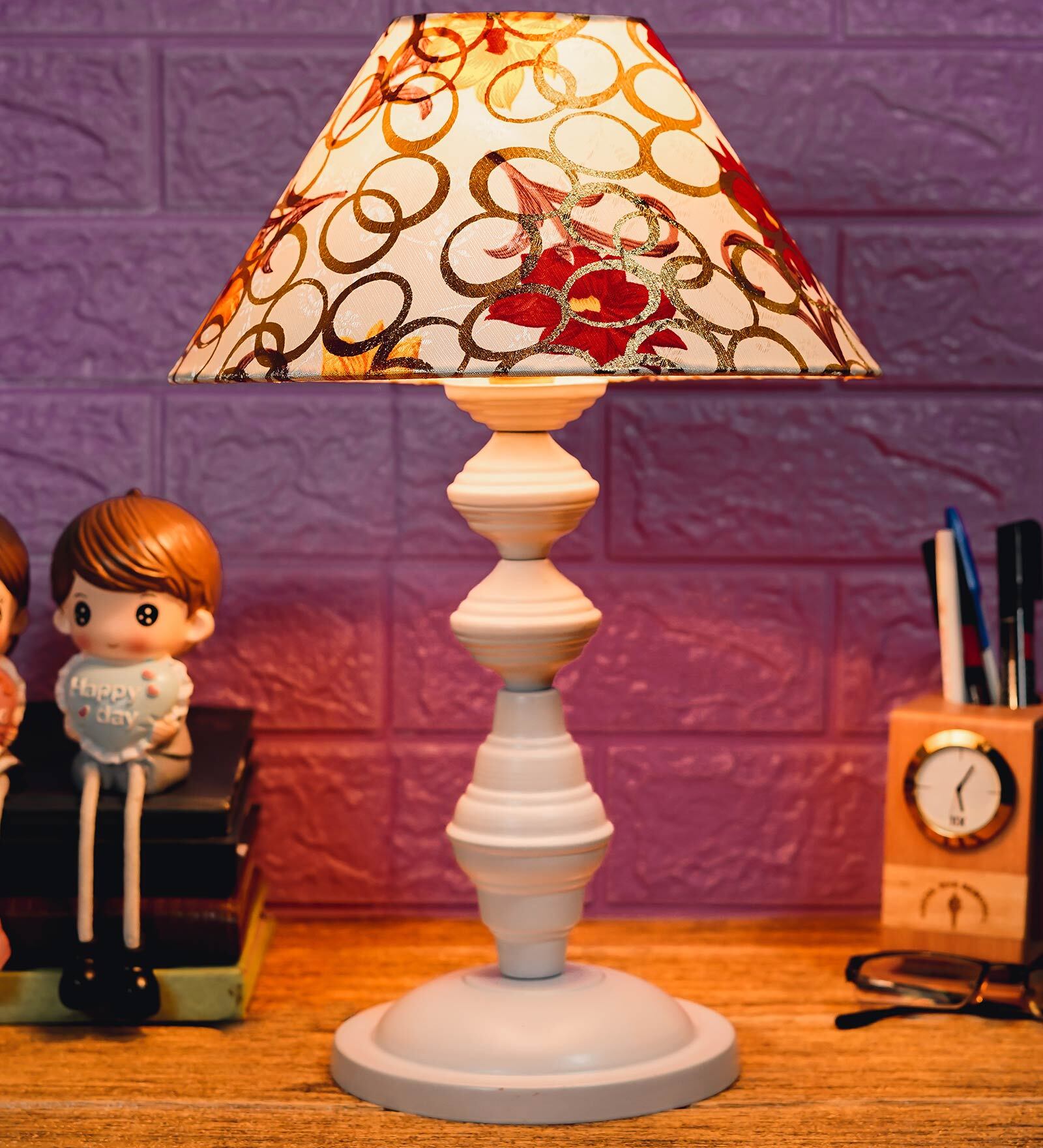 Red & Yellow Shade Table Lamp With Metal Base