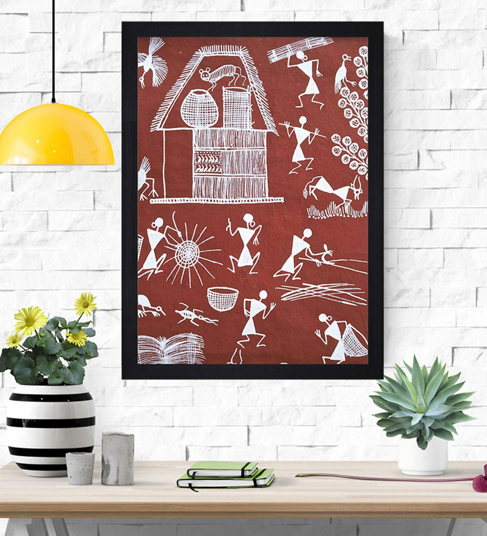 Red "Ethnic Dhokra and Warli Art " Textured Paper Scratch/Dust Proof Framed Art Print