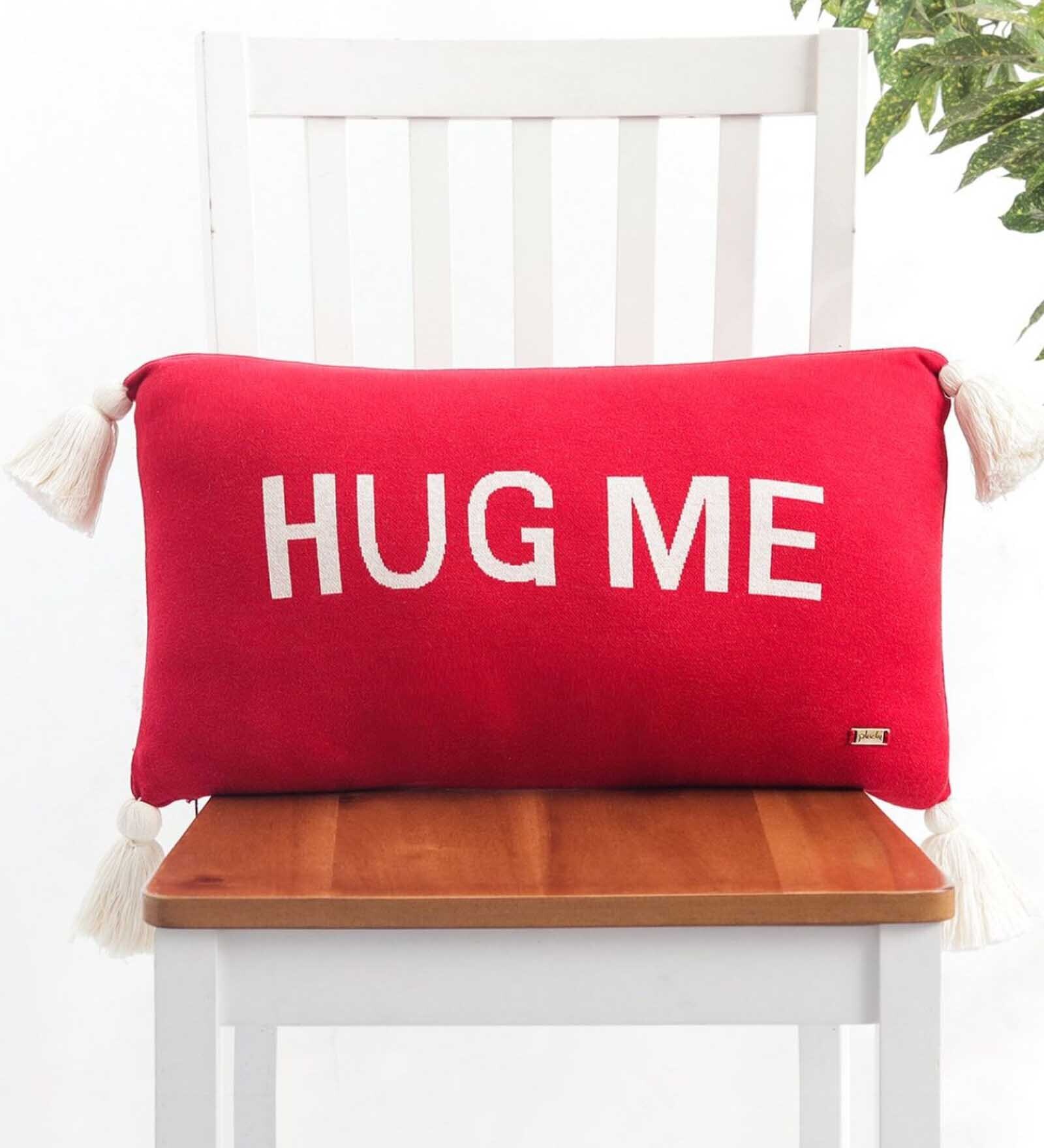 Red 100% Cotton Hug Me 12x20 Inches Cushion Cover