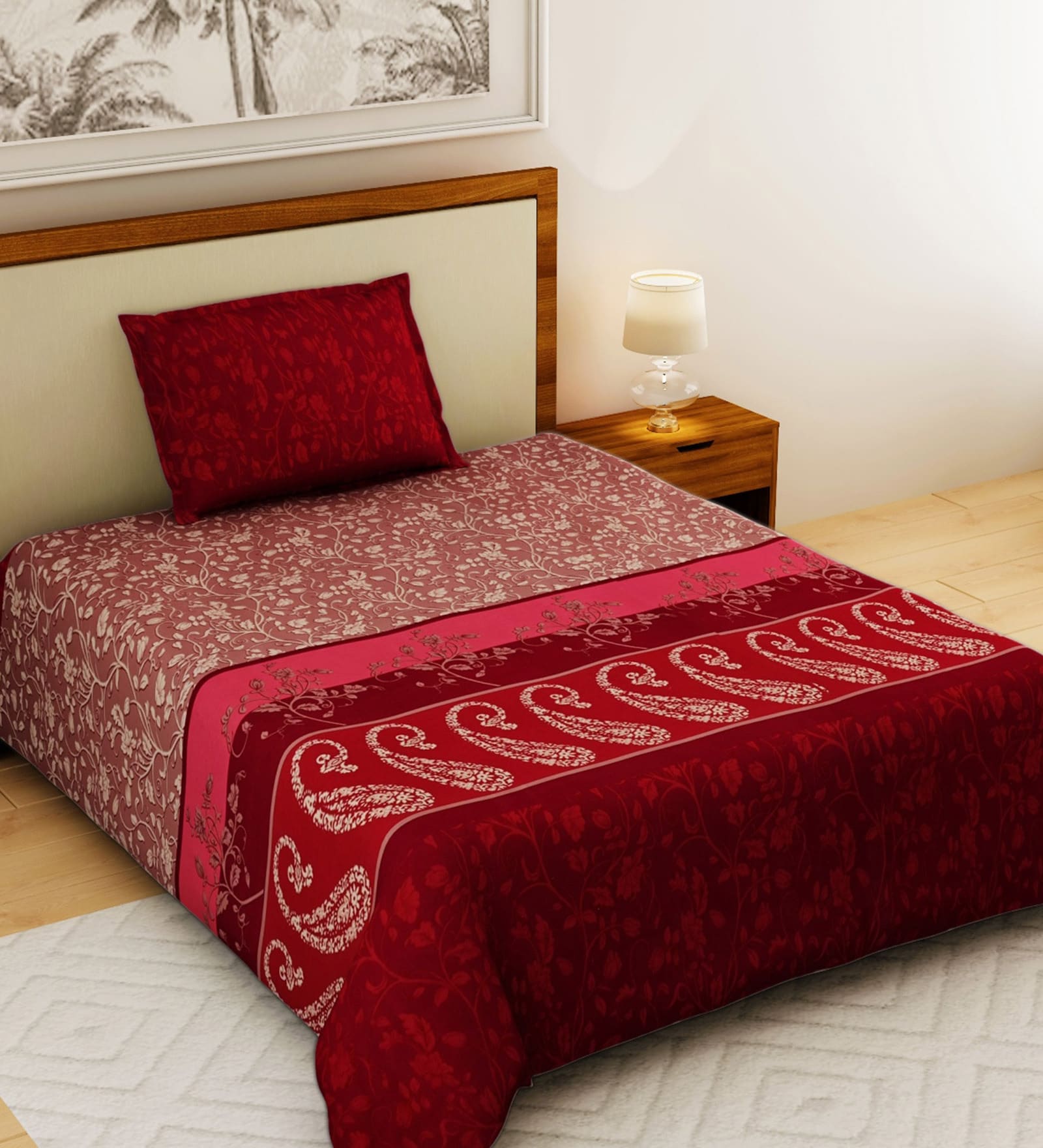Buy Red Traditional 120 TC Cotton Single Bed Sized Bed Sheets With 1