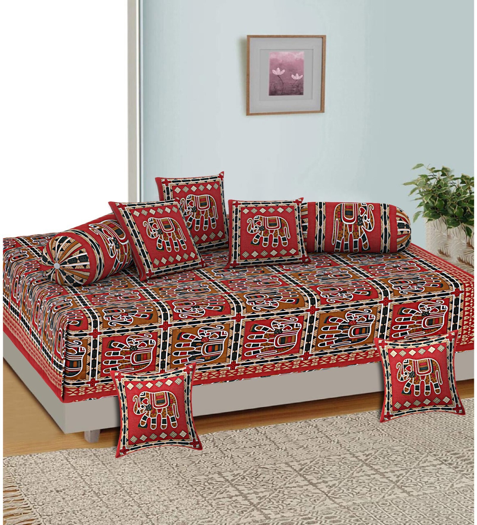 Red 180 TC 100% Cotton (Set of 8) Pieces Diwan Set