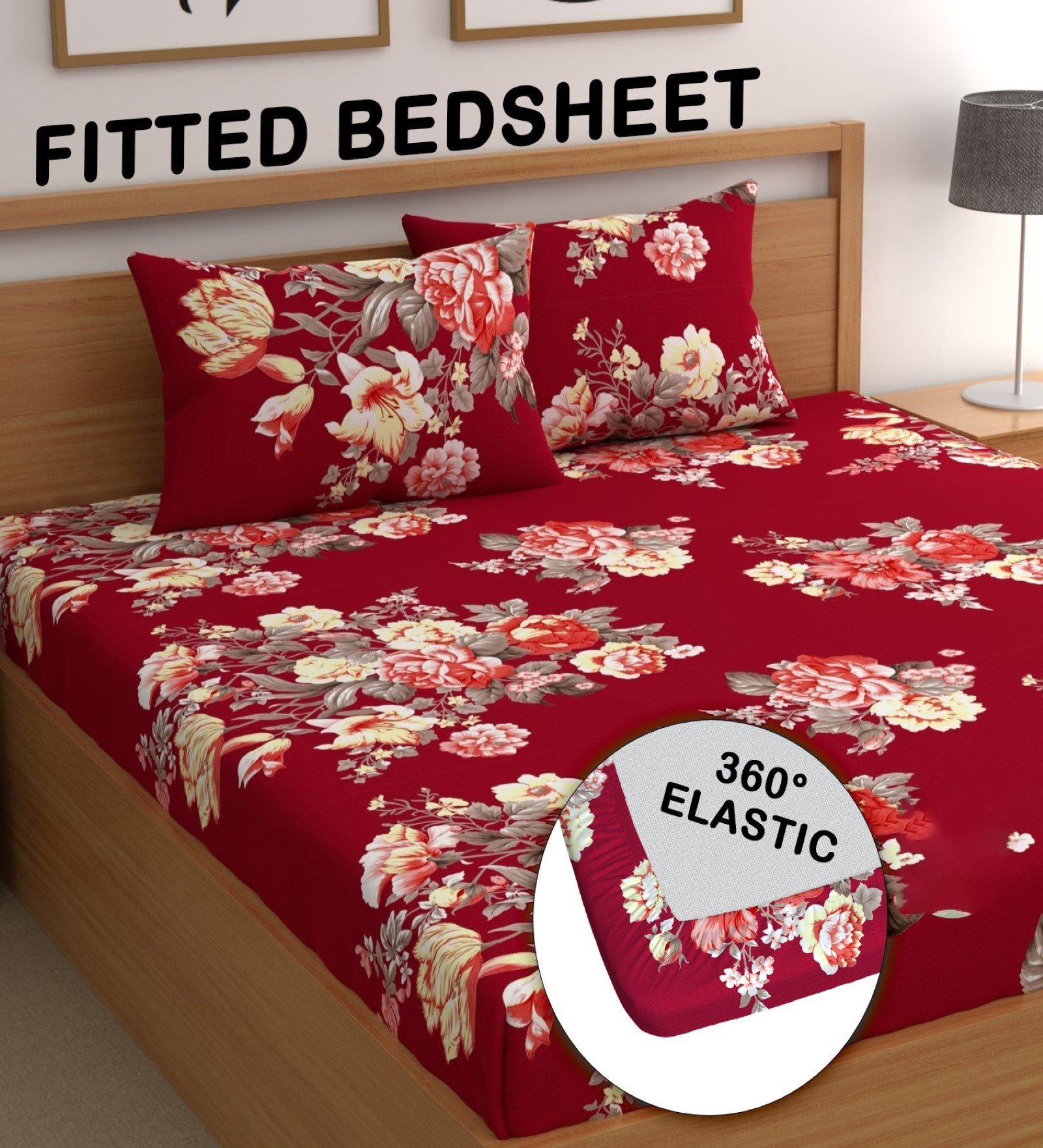 Red 180 TC Floral Cotton Fitted Double Bedsheet 2 Pillow covers