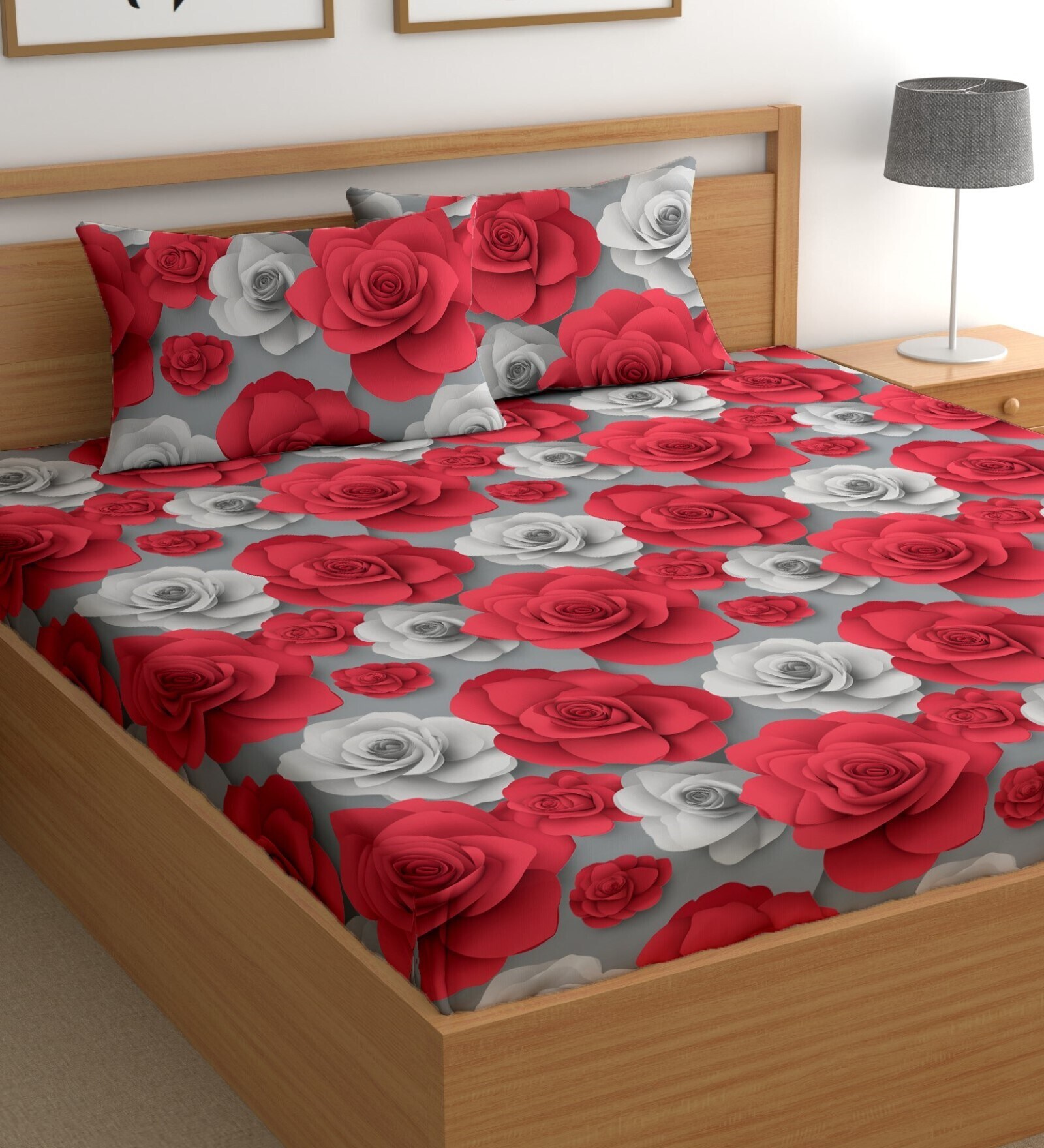 Red 180 TC Floral Cotton Queen Double Bedsheet 2 Pillow covers