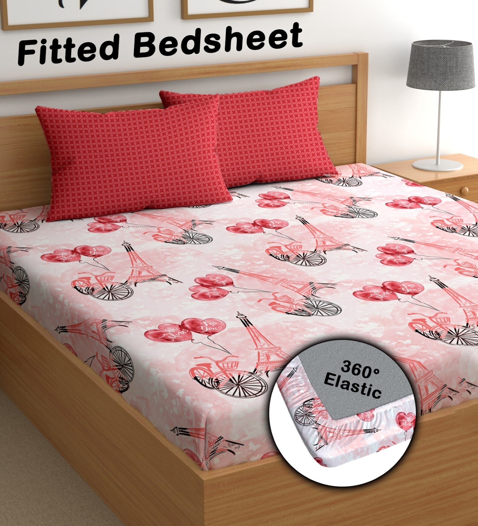 Red 180 TC Geometric Cotton Fitted Double Bedsheet 2 Pillow covers