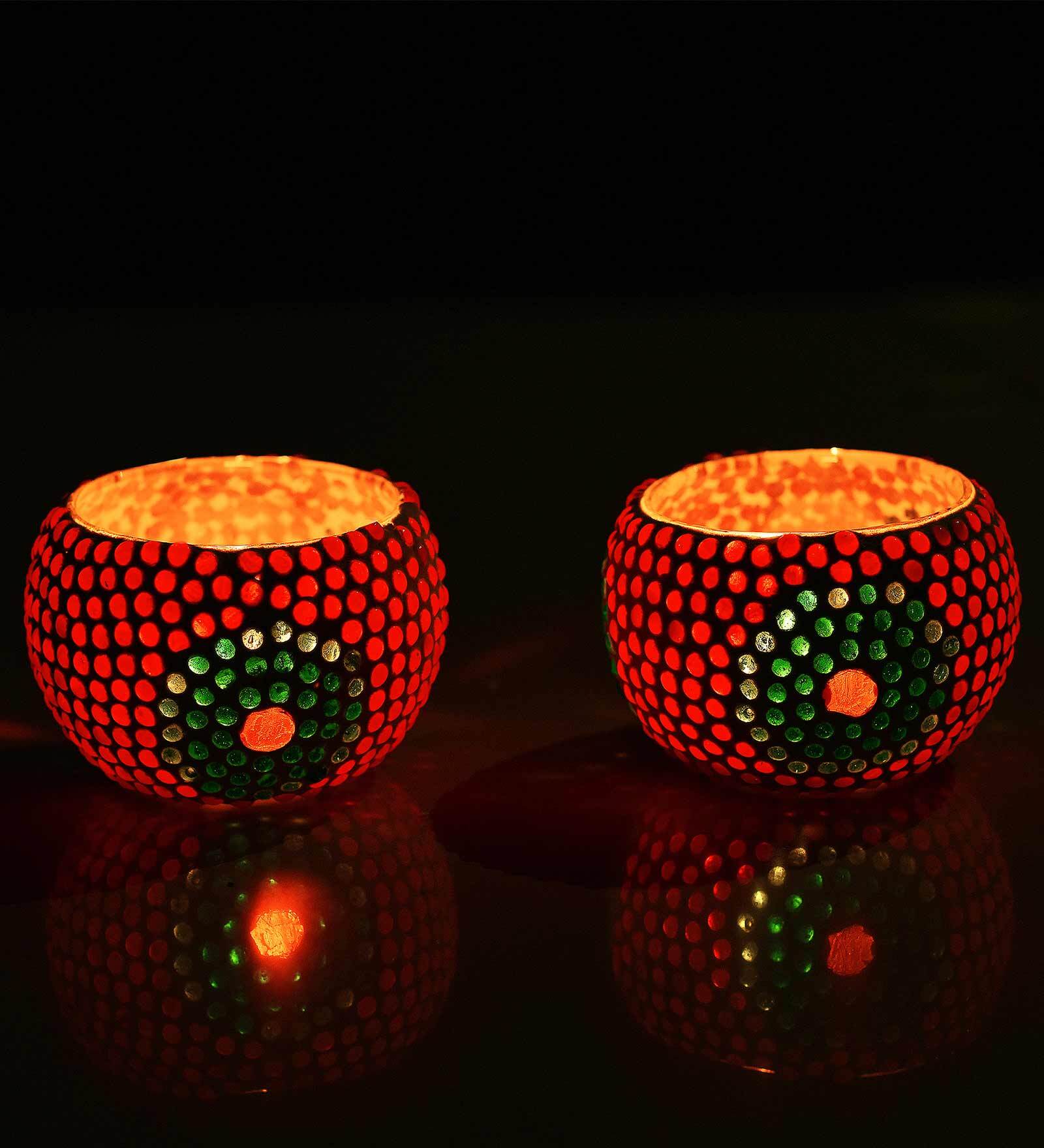 Rhoeo Red Glass Table Tea Light Holders & Votives (Pack Of 2)