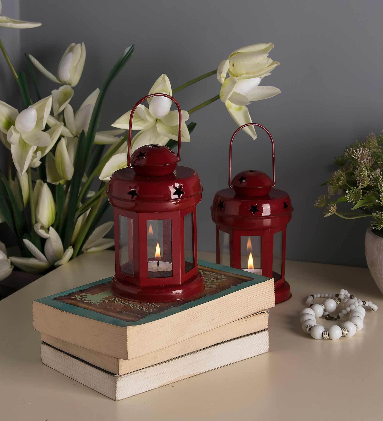 Red Metal (Set Of 2) Hanging Tea Light Holders