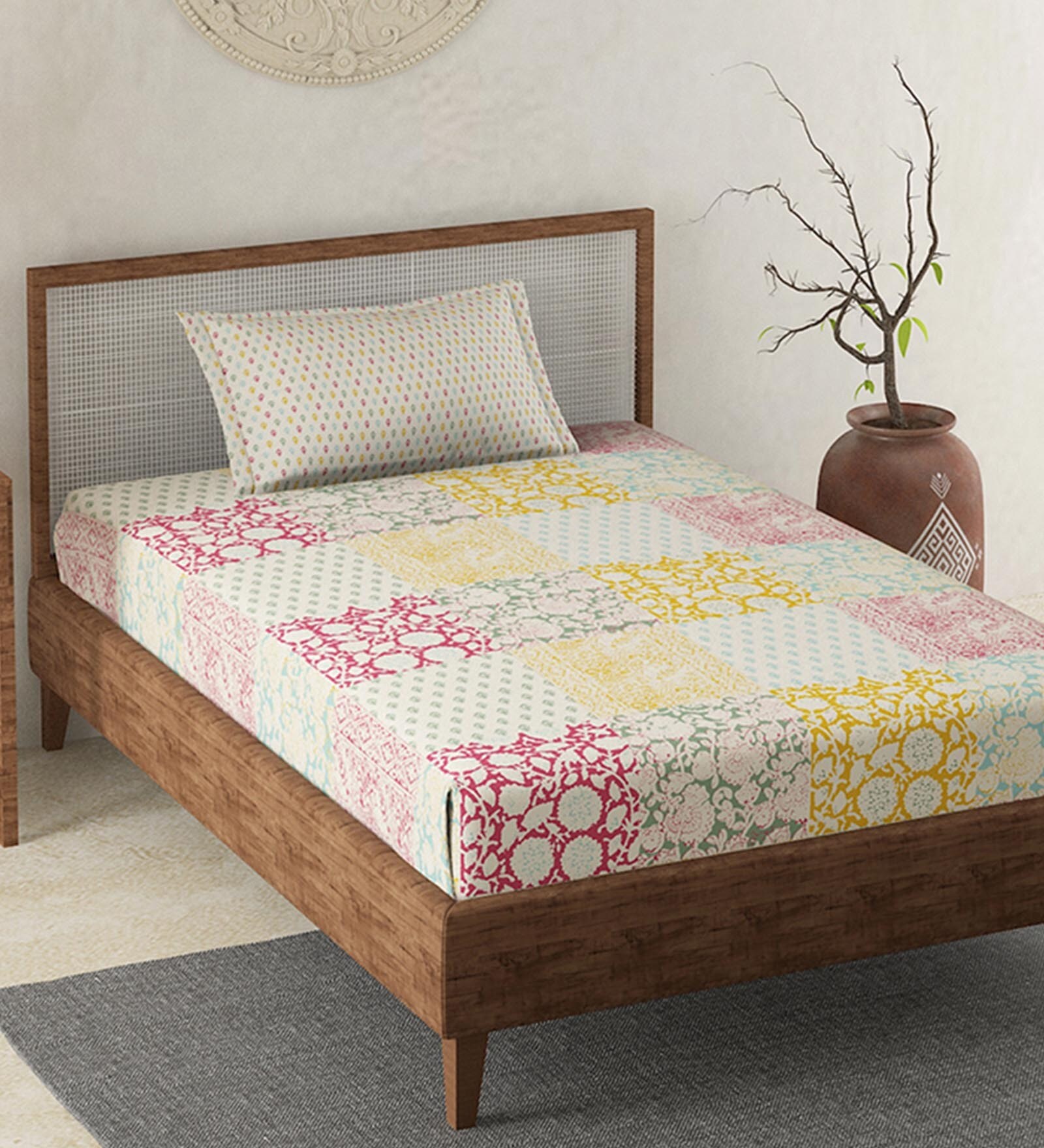 Buy Red Abstract 120 TC 100% Cotton Single Bed Sized Bed Sheets With 1 ...