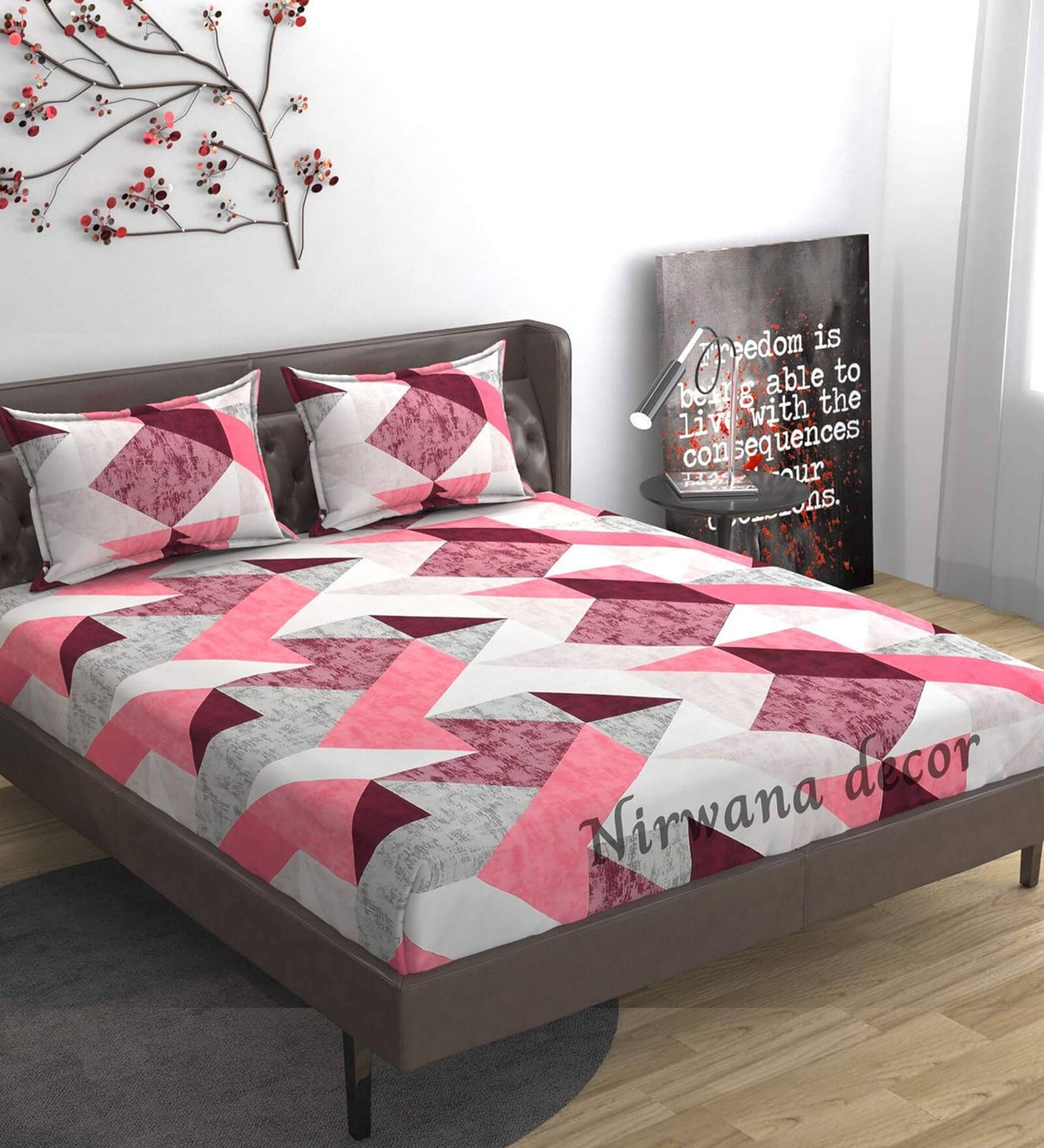 Red Abstract 280 TC Microfibre Fitted King Bedsheet 2 Pillow Covers