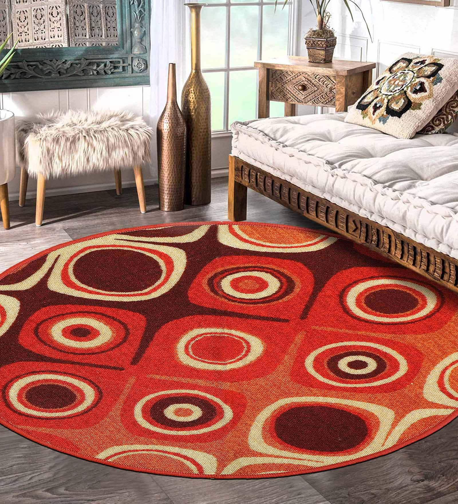 Red Geometric Polyester 3 ft x 3 ft Hand Tufted Round Carpet