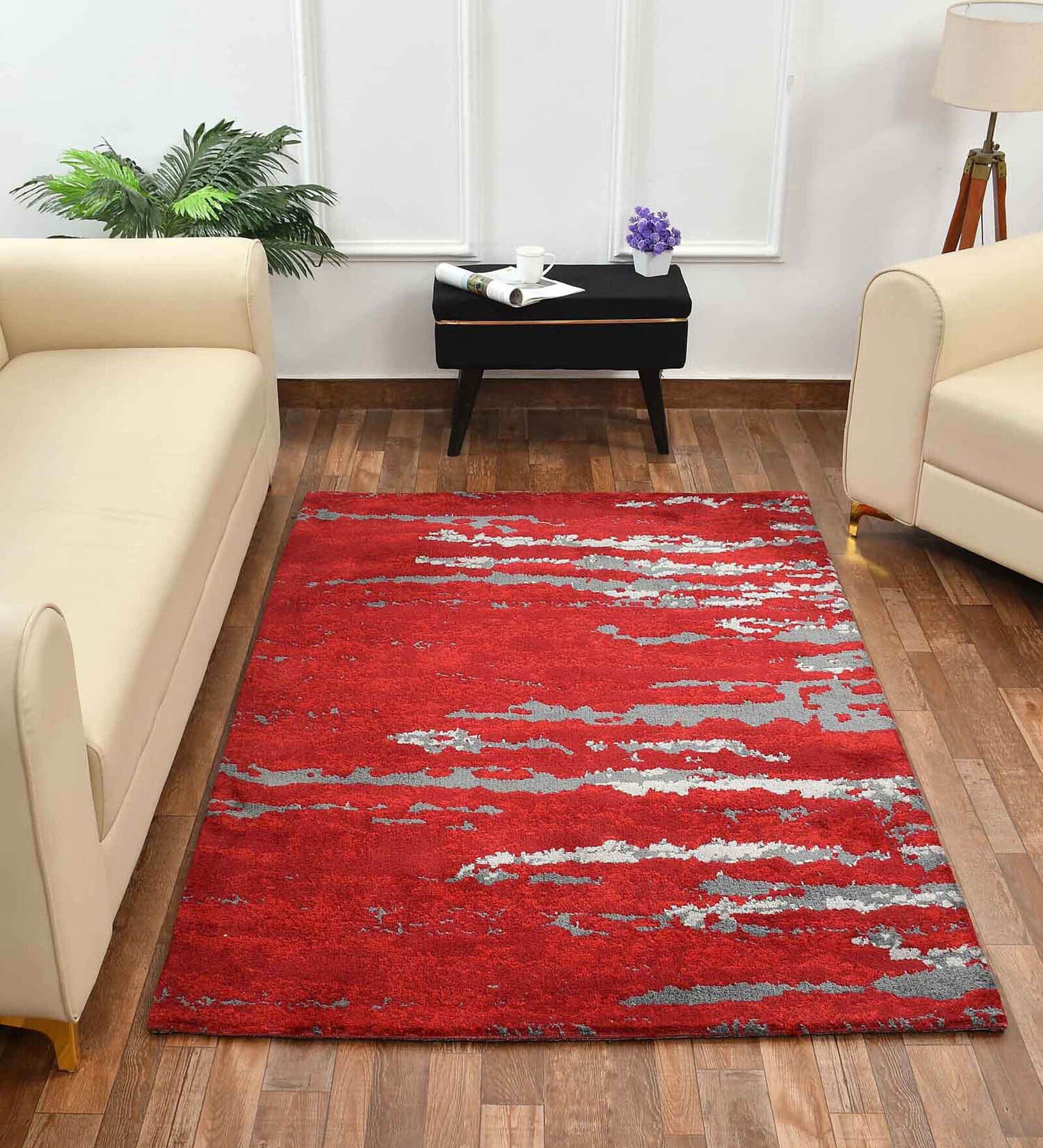Red Abstract Polyester 5 x 7 Feet Machine Made Carpet