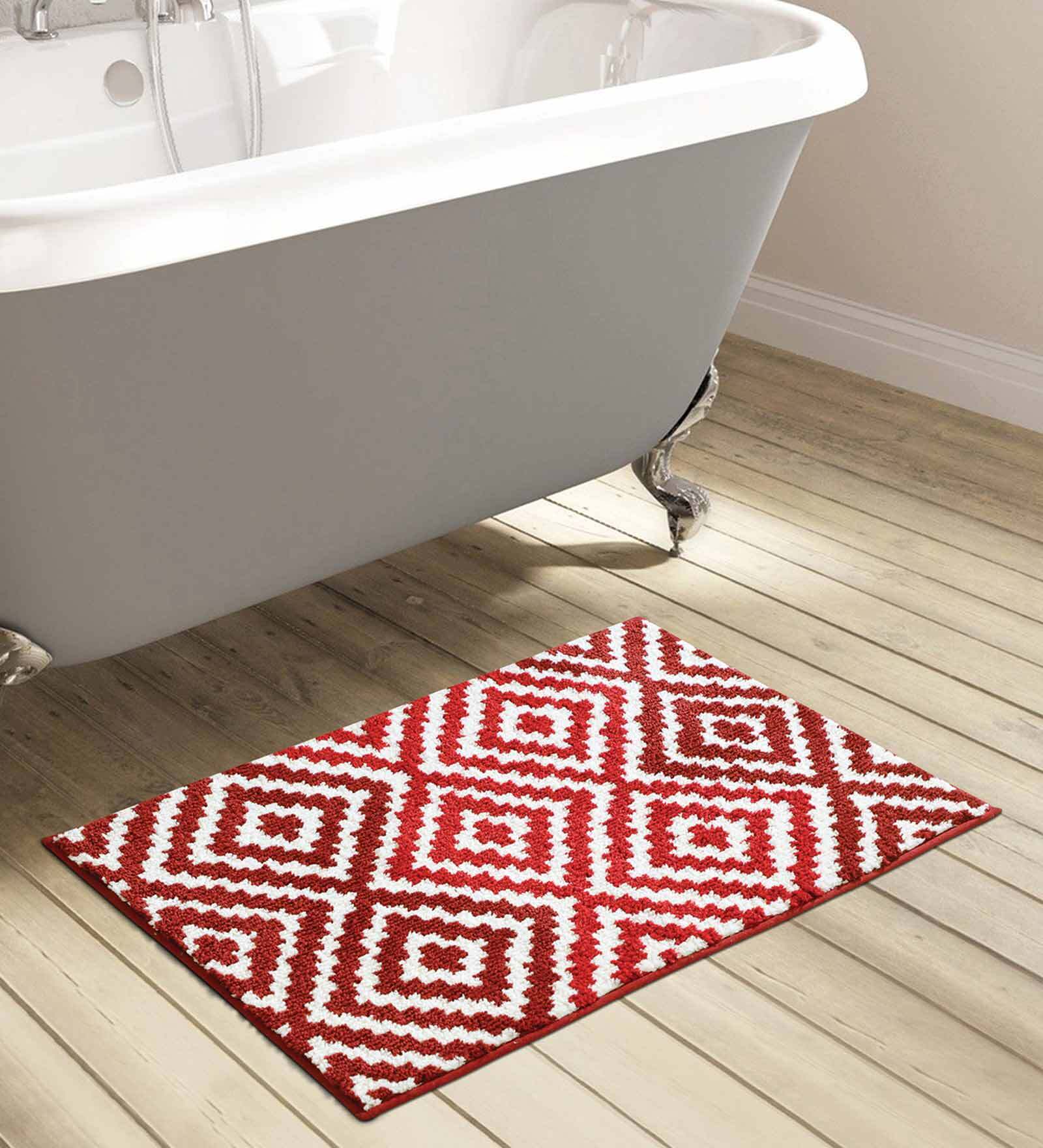 Red Geometric Polyester AntiSkid Bathmat