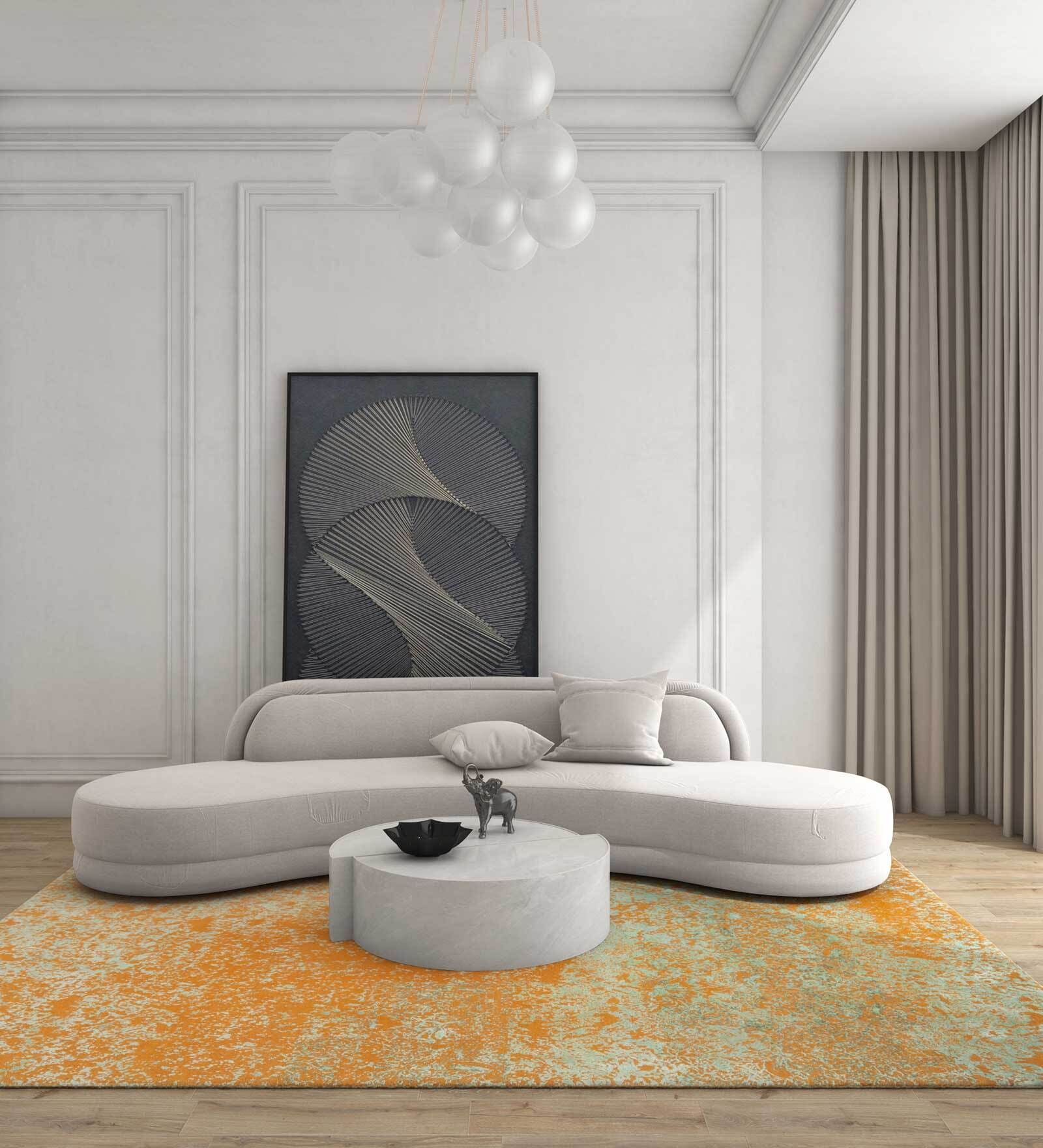 Yellow Abstract Wool & Slik 8 ft x 10 ft Hand Knotted Carpet